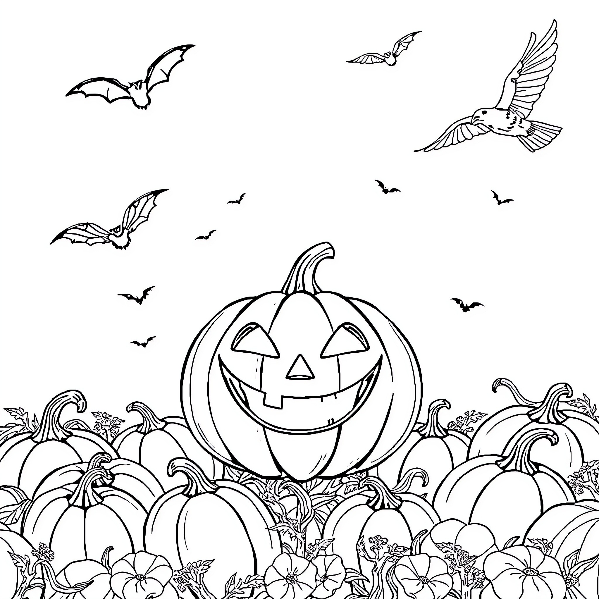 Jack-o'-lantern surrounded by pumpkins and bats on a spooky night Coloring Page (free black-and-white line drawing printable PDF for all, from beginners to advanced learners, including children, teens, adults, and seniors)