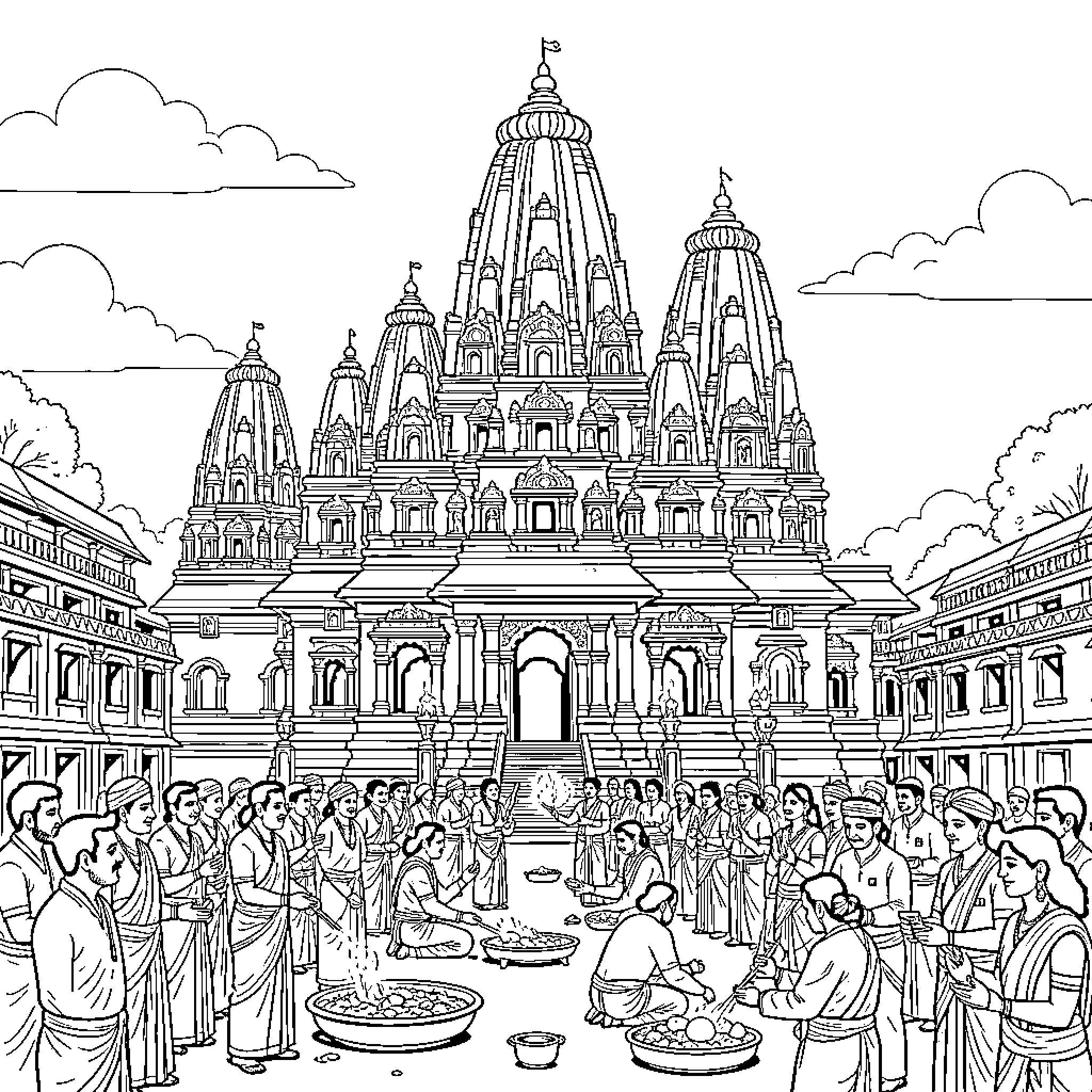 Kamakshi temple scene with people gathered in courtyard Coloring Page (free black-and-white line drawing printable PDF for all, from beginners to advanced learners, including children, teens, adults, and seniors)