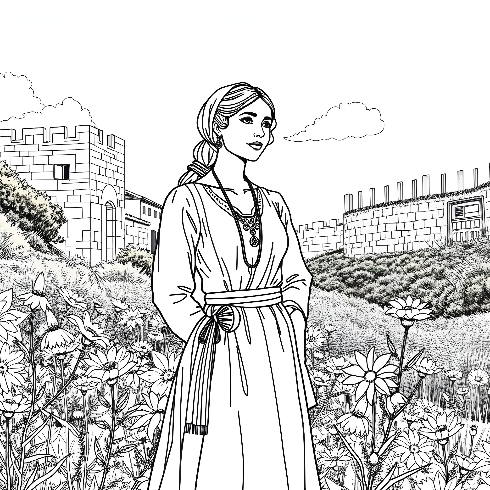 Maltese woman in medieval castle garden Coloring Page (free black-and-white line drawing printable PDF for all, from beginners to advanced learners, including children, teens, adults, and seniors)