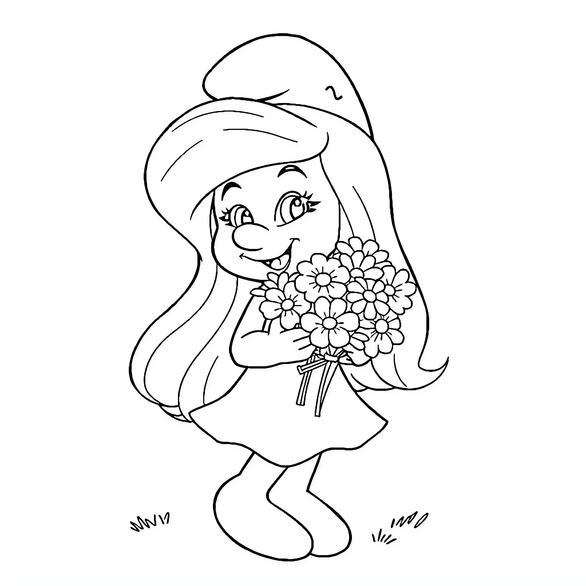 Smurfette holding a bouquet of flowers Coloring Page (free black-and-white line drawing printable PDF for all, from beginners to advanced learners, including children, teens, adults, and seniors)