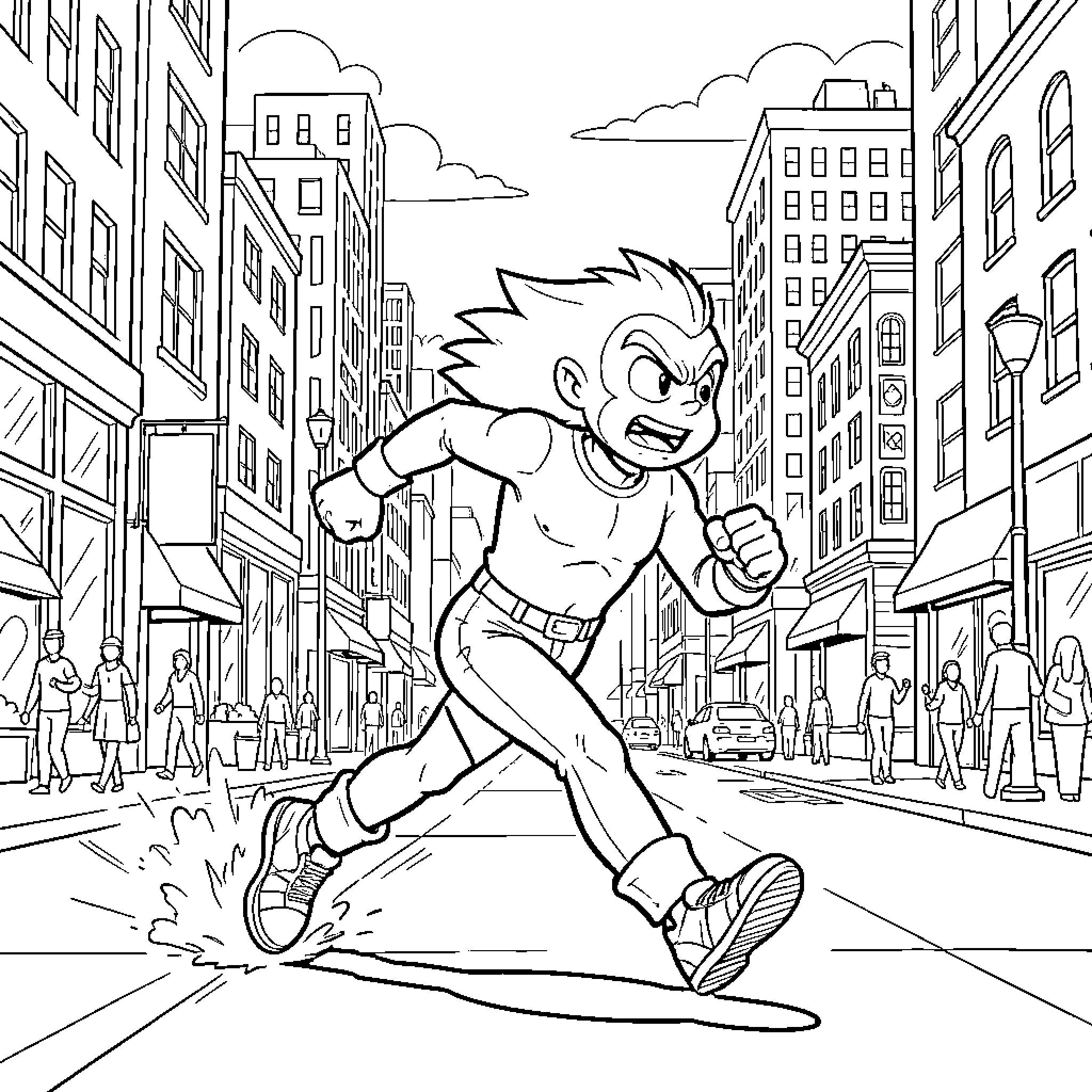 Flash running intensely through a busy city street Coloring Page (free black-and-white line drawing printable PDF for all, from beginners to advanced learners, including children, teens, adults, and seniors)