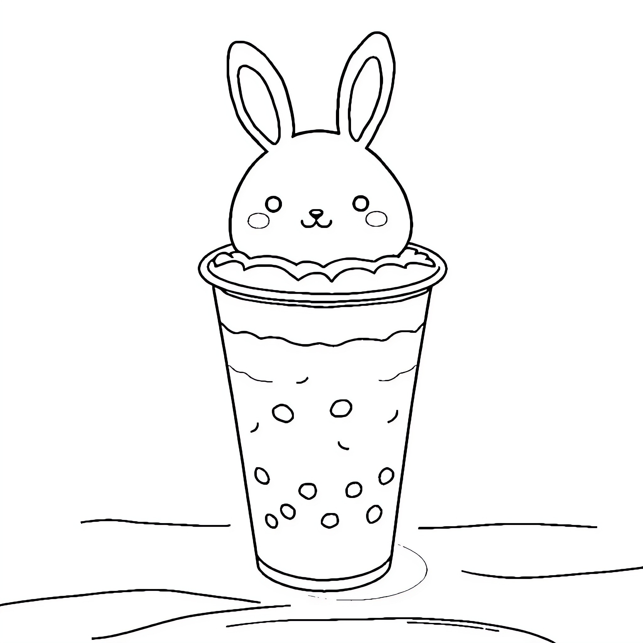 Boba Tea with Cute Bunny Coloring Page (free black-and-white line drawing printable PDF for all, from beginners to advanced learners, including children, teens, adults, and seniors)