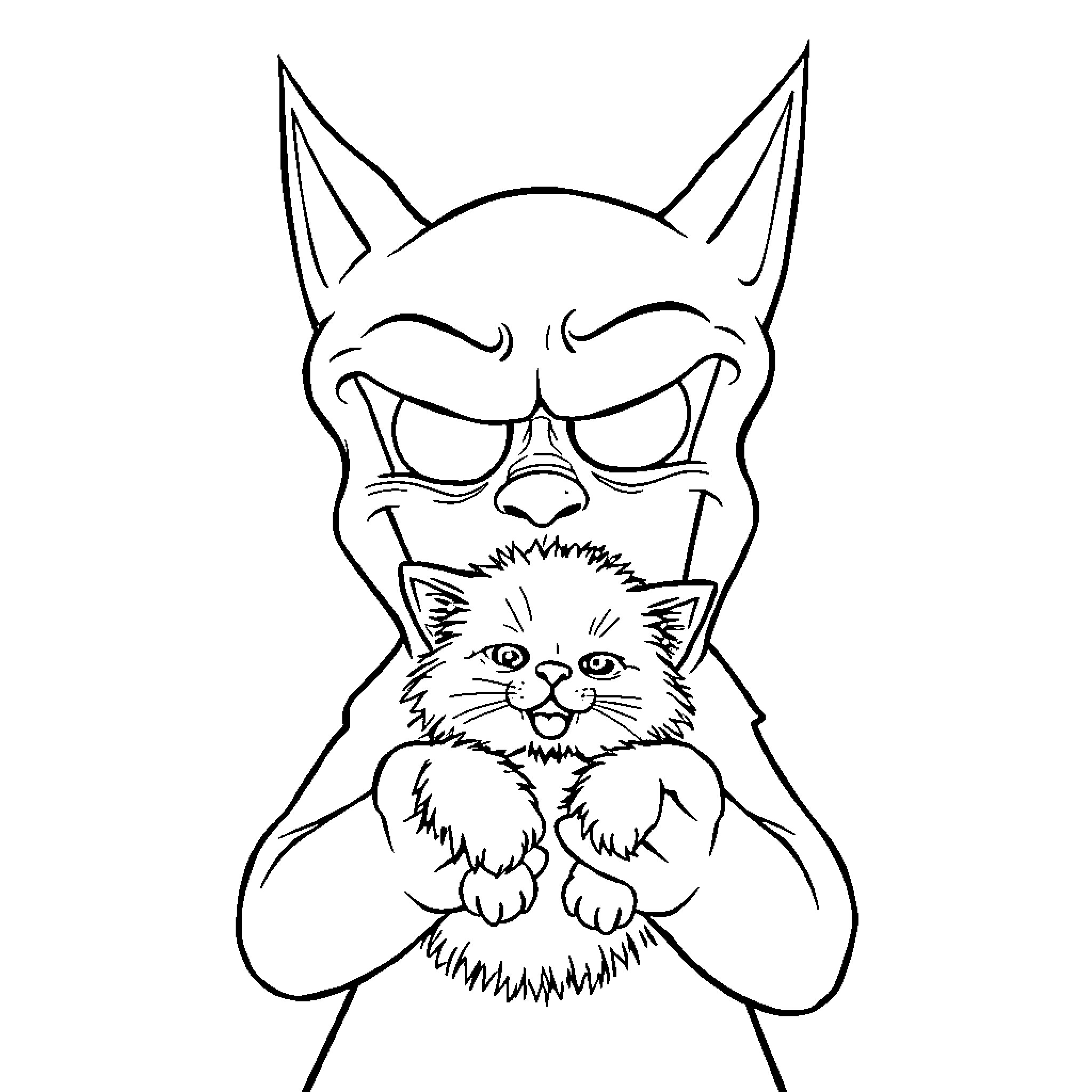 Scream of a cat protecting a kitten Coloring Page (free black-and-white line drawing printable PDF for all, from beginners to advanced learners, including children, teens, adults, and seniors)