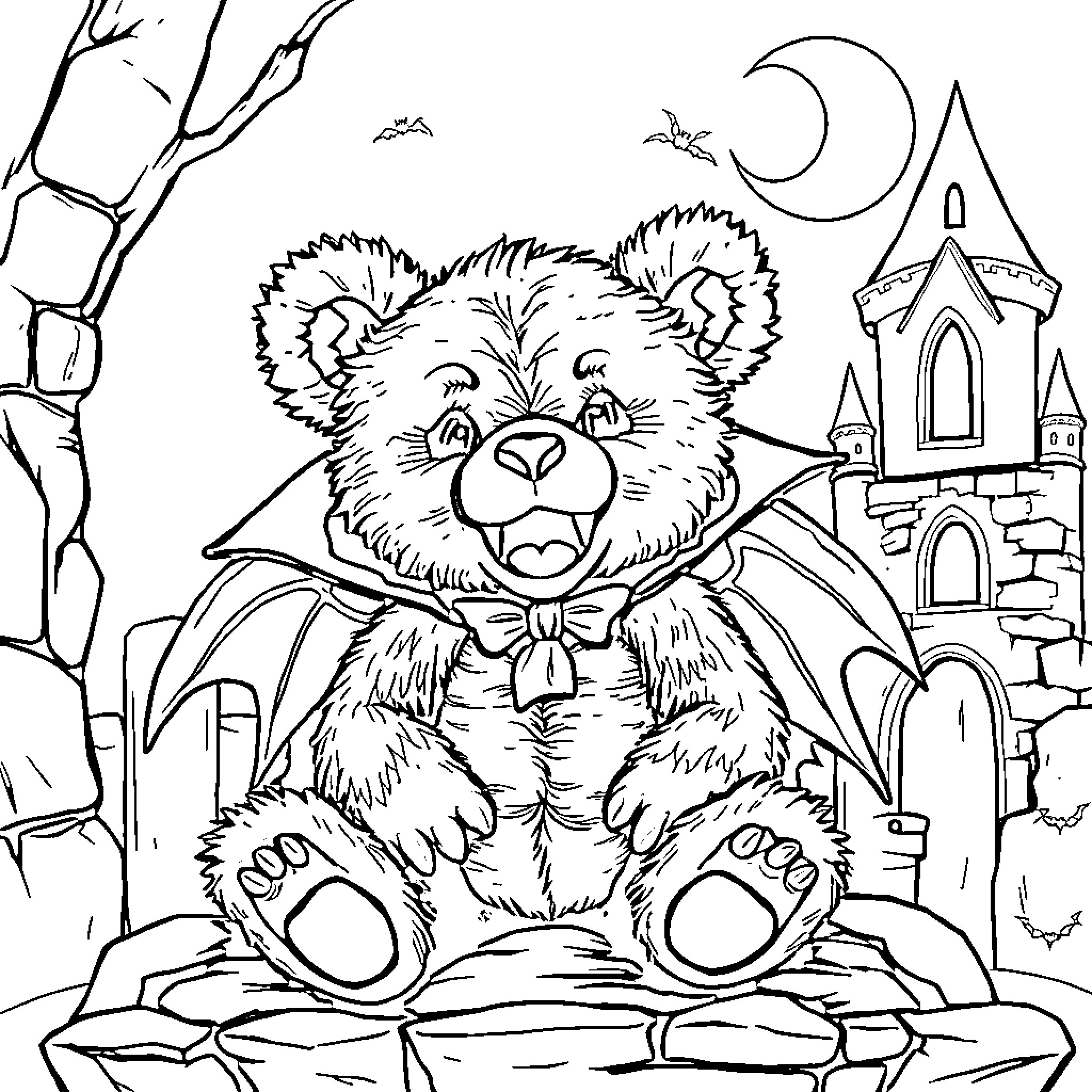 Teddy Bear in Spooky Night Scenery Coloring Page (free black-and-white line drawing printable PDF for all, from beginners to advanced learners, including children, teens, adults, and seniors)