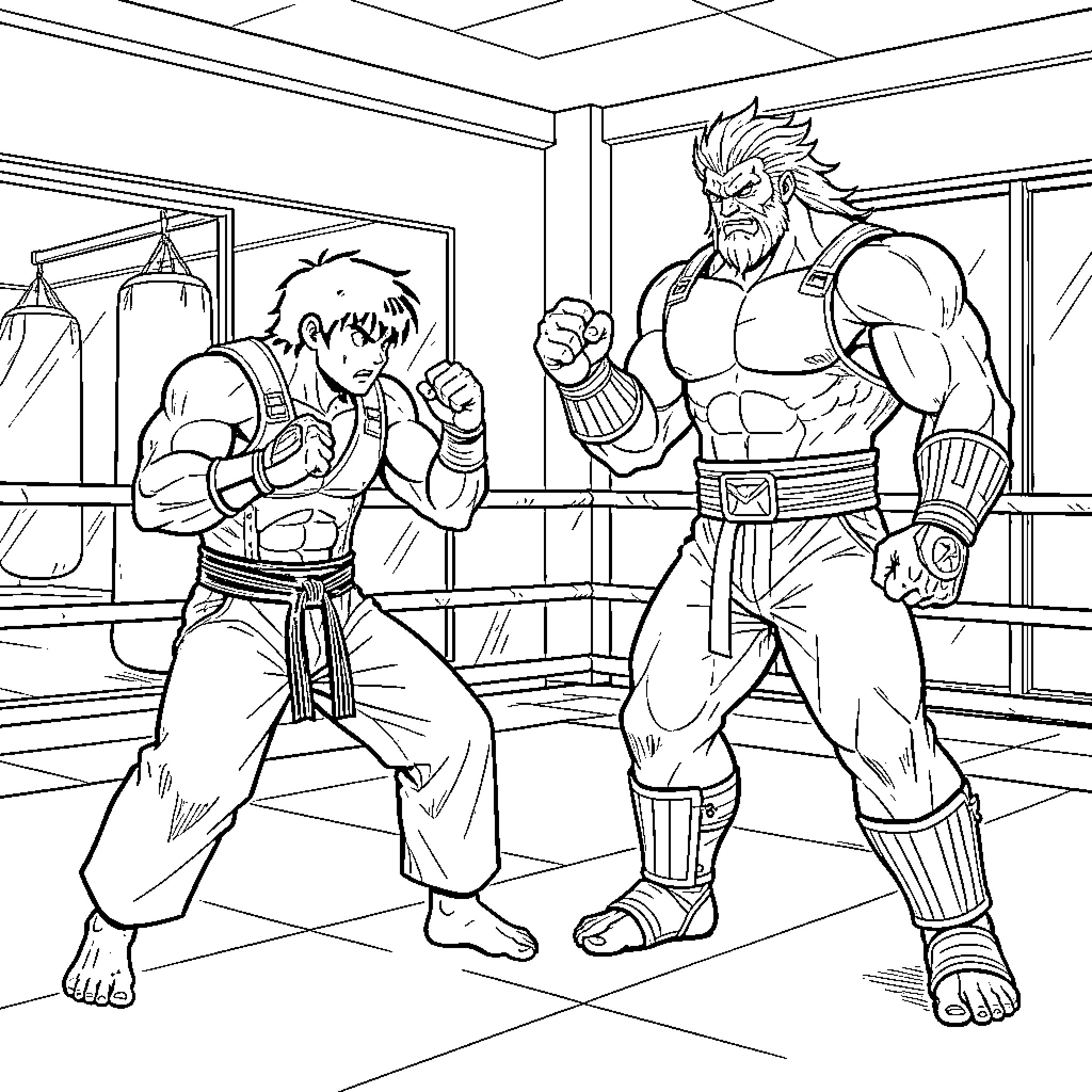 Shingo's Martial Arts Showdown in the Gym Coloring Page (free black-and-white line drawing printable PDF for all, from beginners to advanced learners, including children, teens, adults, and seniors)