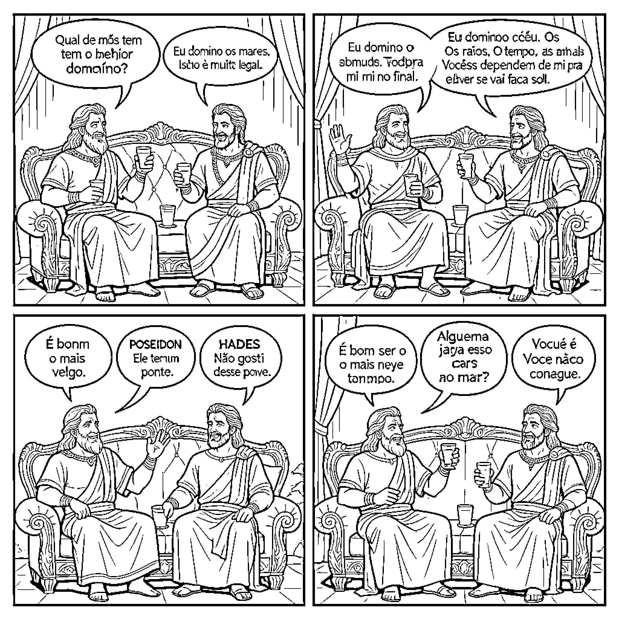 God's Mythological Gathering and Dialogue Coloring Page (free black-and-white line drawing printable PDF for all, from beginners to advanced learners, including children, teens, adults, and seniors)