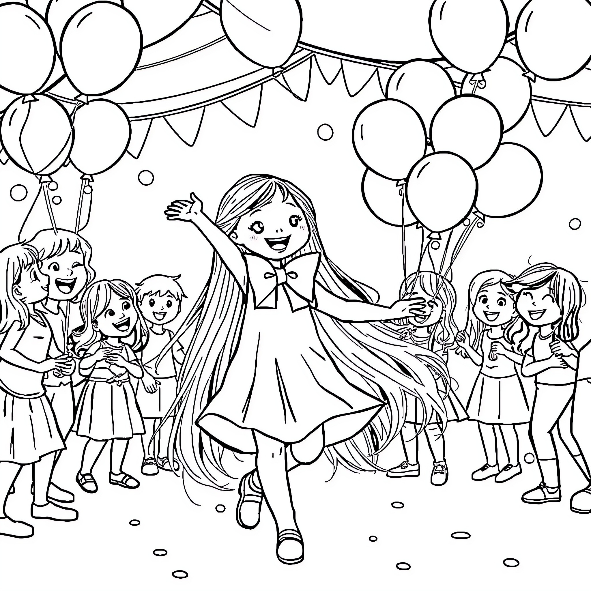 Girl celebrates with friends at a party Coloring Page (free black-and-white line drawing printable PDF for all, from beginners to advanced learners, including children, teens, adults, and seniors)