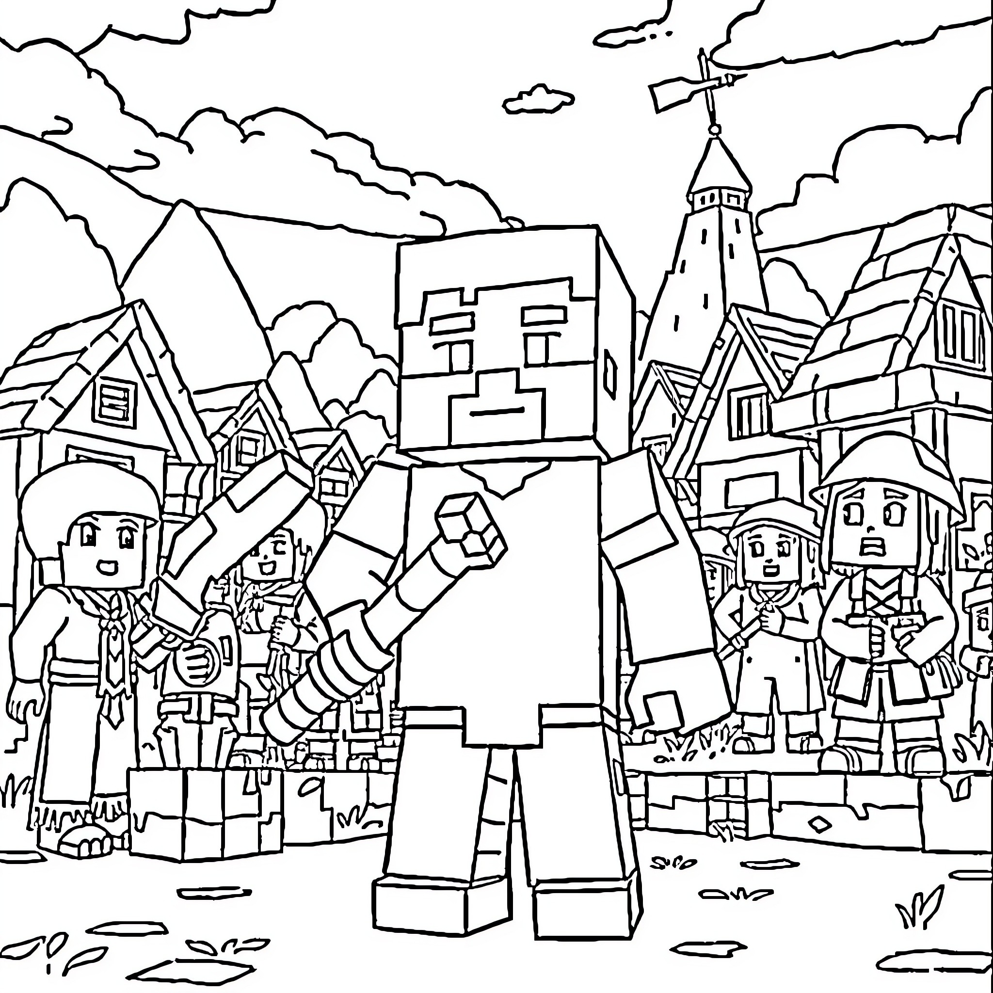 Steve's Minecraft Adventure in the Village Coloring Page (free black-and-white line drawing printable PDF for all, from beginners to advanced learners, including children, teens, adults, and seniors)