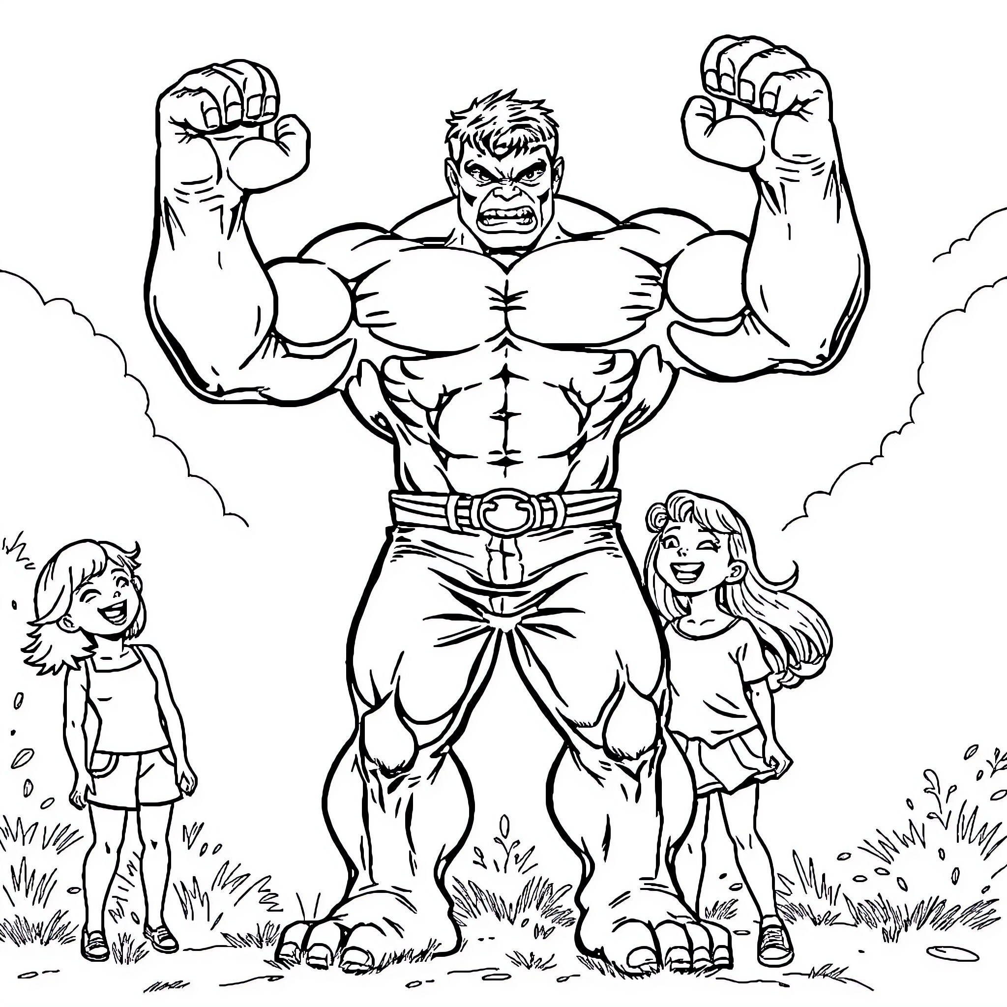 Hulk showing off his muscular physique outdoors Coloring Page (free black-and-white line drawing printable PDF for all, from beginners to advanced learners, including children, teens, adults, and seniors)