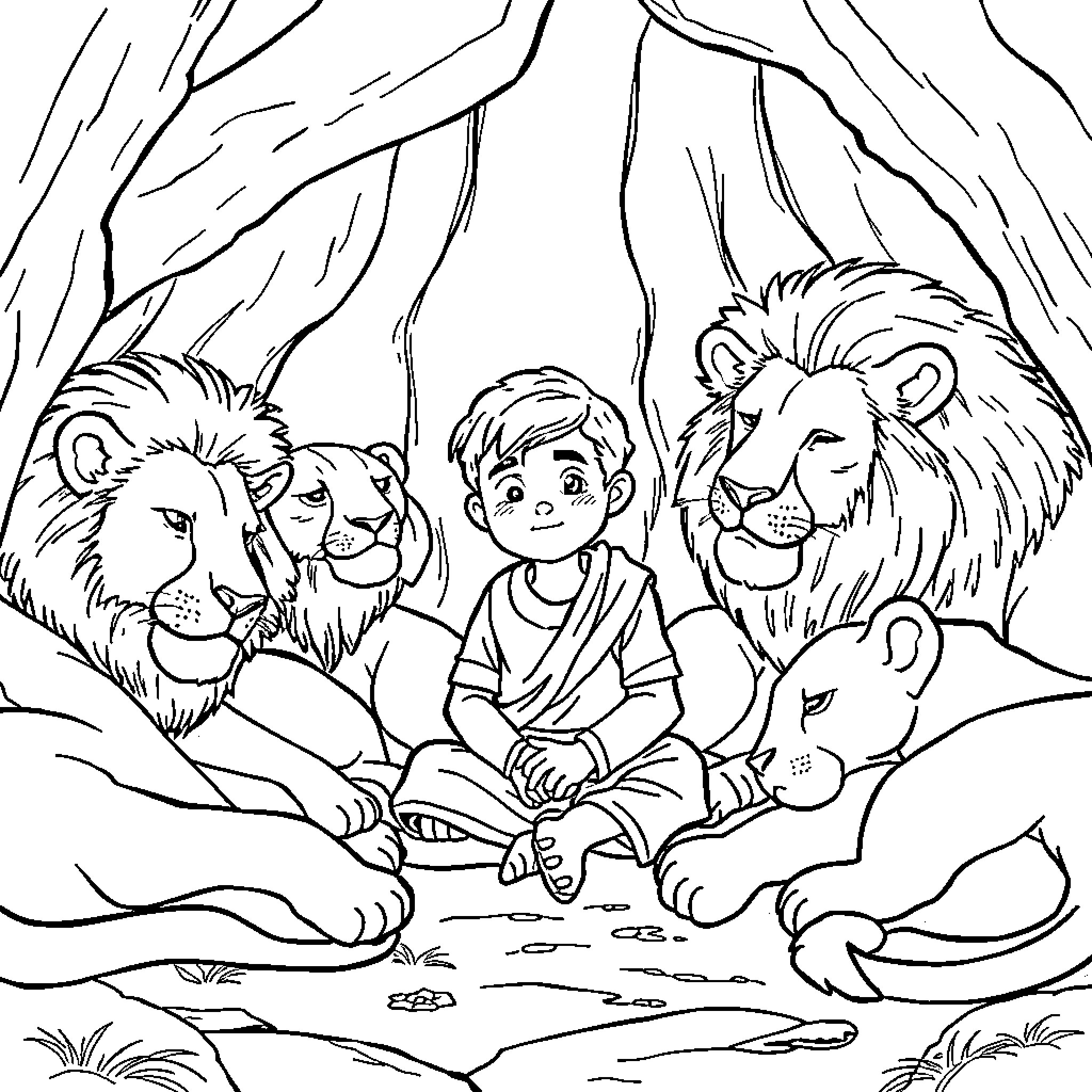 Daniel explores the wild with lions in the forest Coloring Page (free black-and-white line drawing printable PDF for all, from beginners to advanced learners, including children, teens, adults, and seniors)