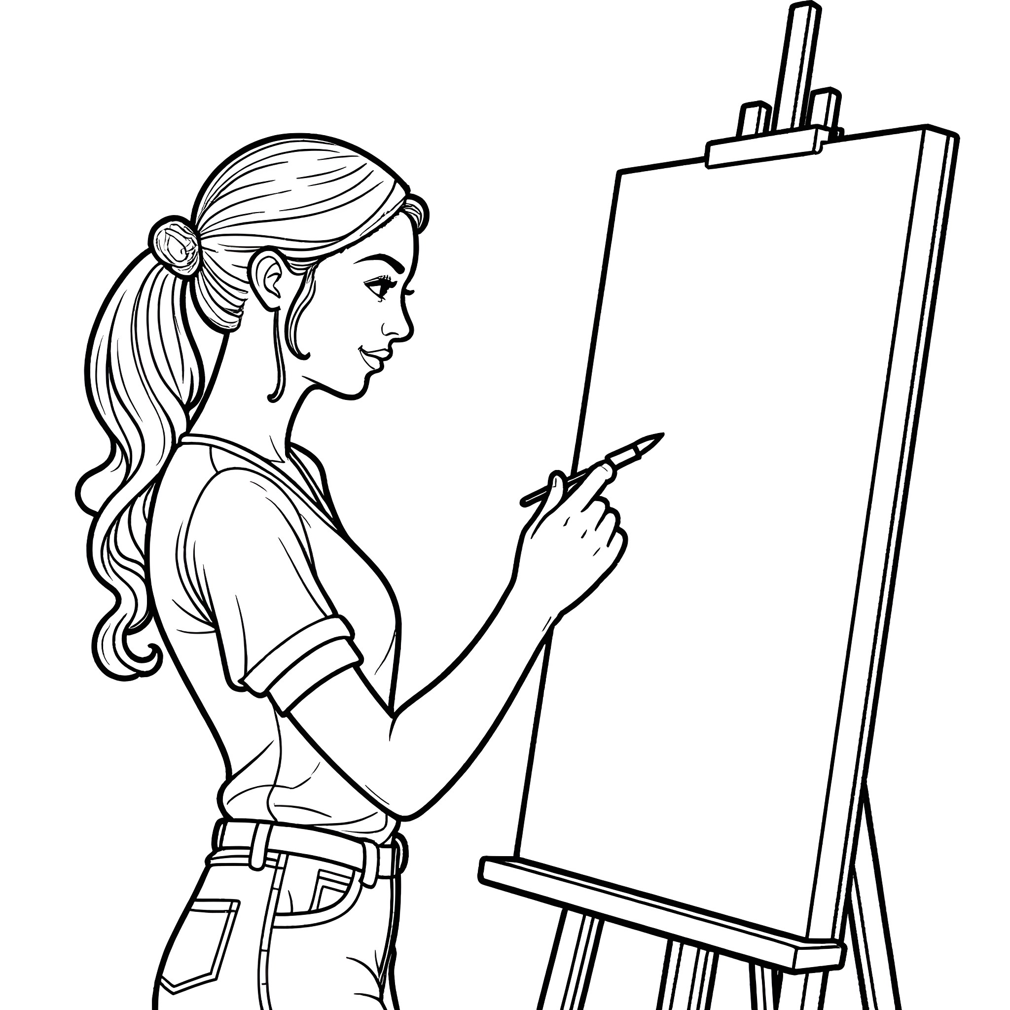 Woman painting on canvas with easel Coloring Page (free black-and-white line drawing printable PDF for all, from beginners to advanced learners, including children, teens, adults, and seniors)