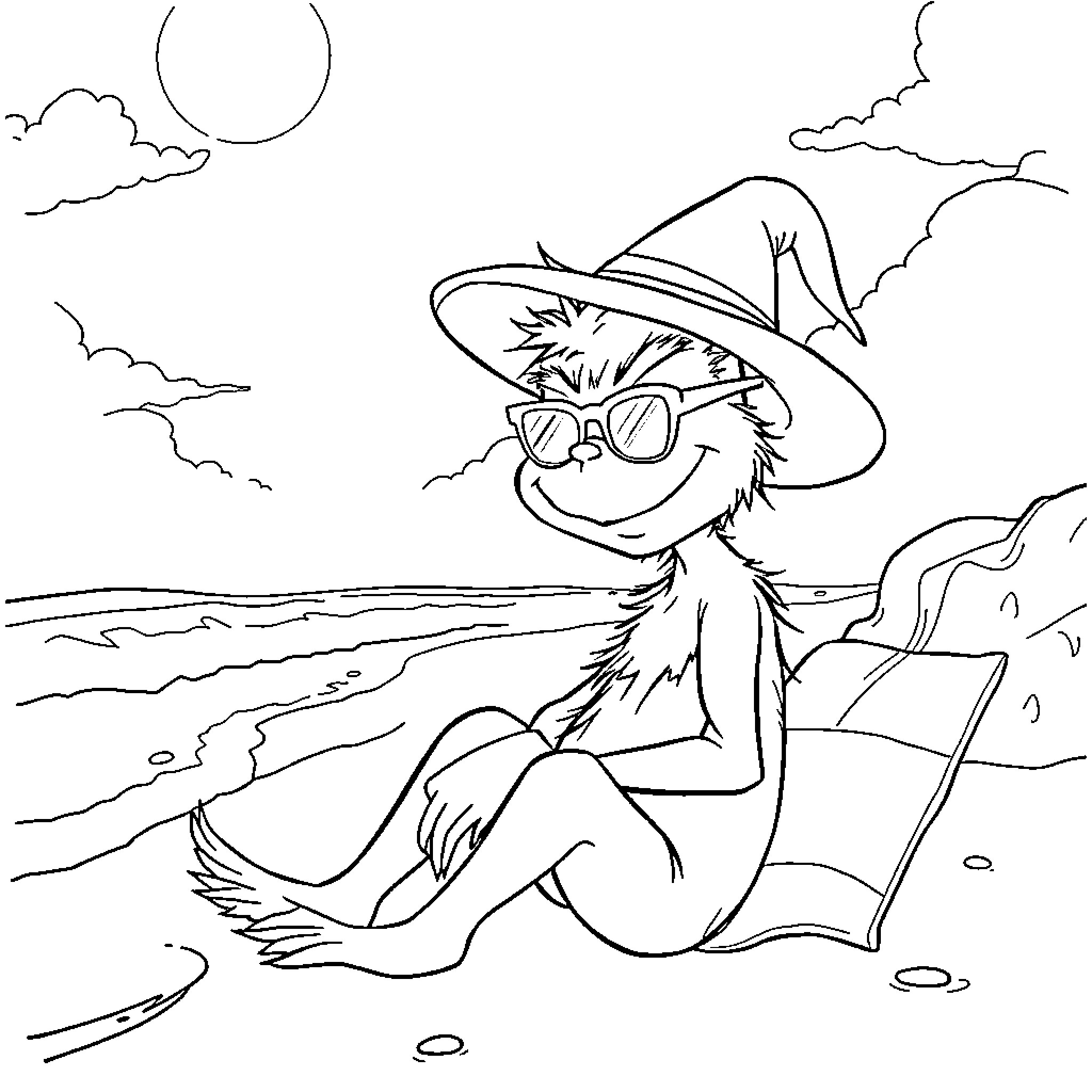 Grinch enjoying a sunny beach day Coloring Page (free black-and-white line drawing printable PDF for all, from beginners to advanced learners, including children, teens, adults, and seniors)