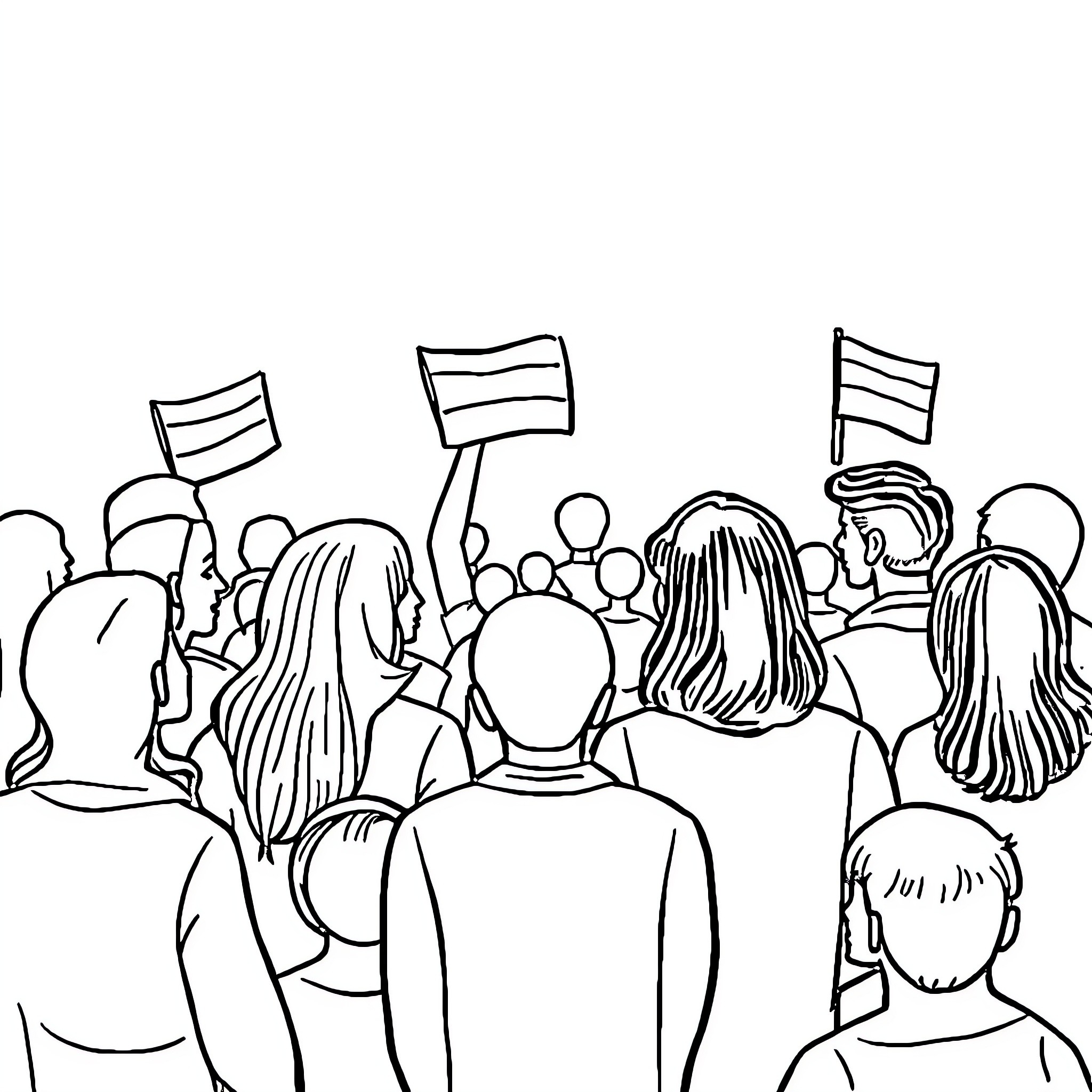 Equality in Action: Diverse Crowd Raising Flags Coloring Page (free black-and-white line drawing printable PDF for all, from beginners to advanced learners, including children, teens, adults, and seniors)