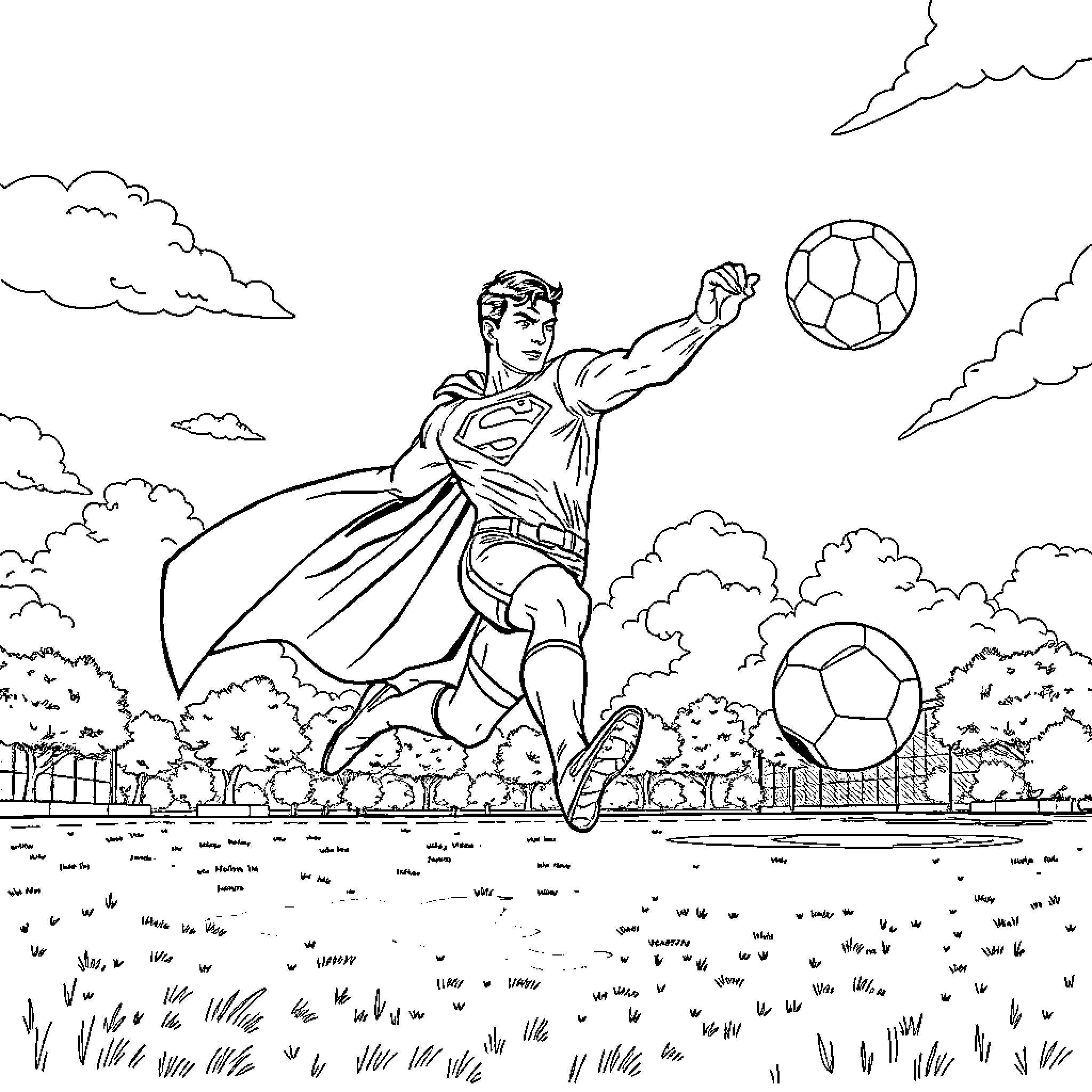 Superman playing with soccer balls in the field Coloring Page (free black-and-white line drawing printable PDF for all, from beginners to advanced learners, including children, teens, adults, and seniors)