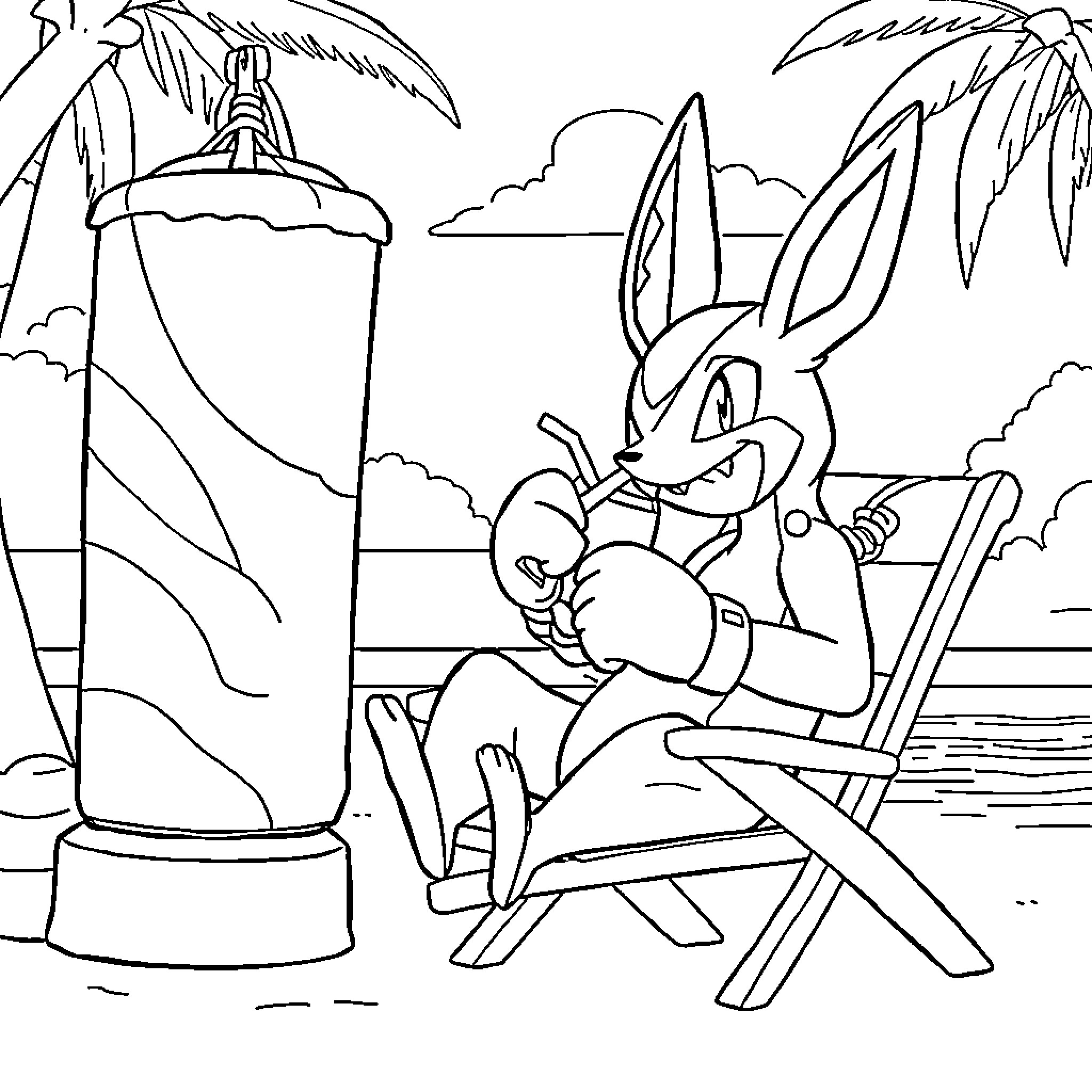 Lucario relaxing on a tropical beach Coloring Page (free black-and-white line drawing printable PDF for all, from beginners to advanced learners, including children, teens, adults, and seniors)