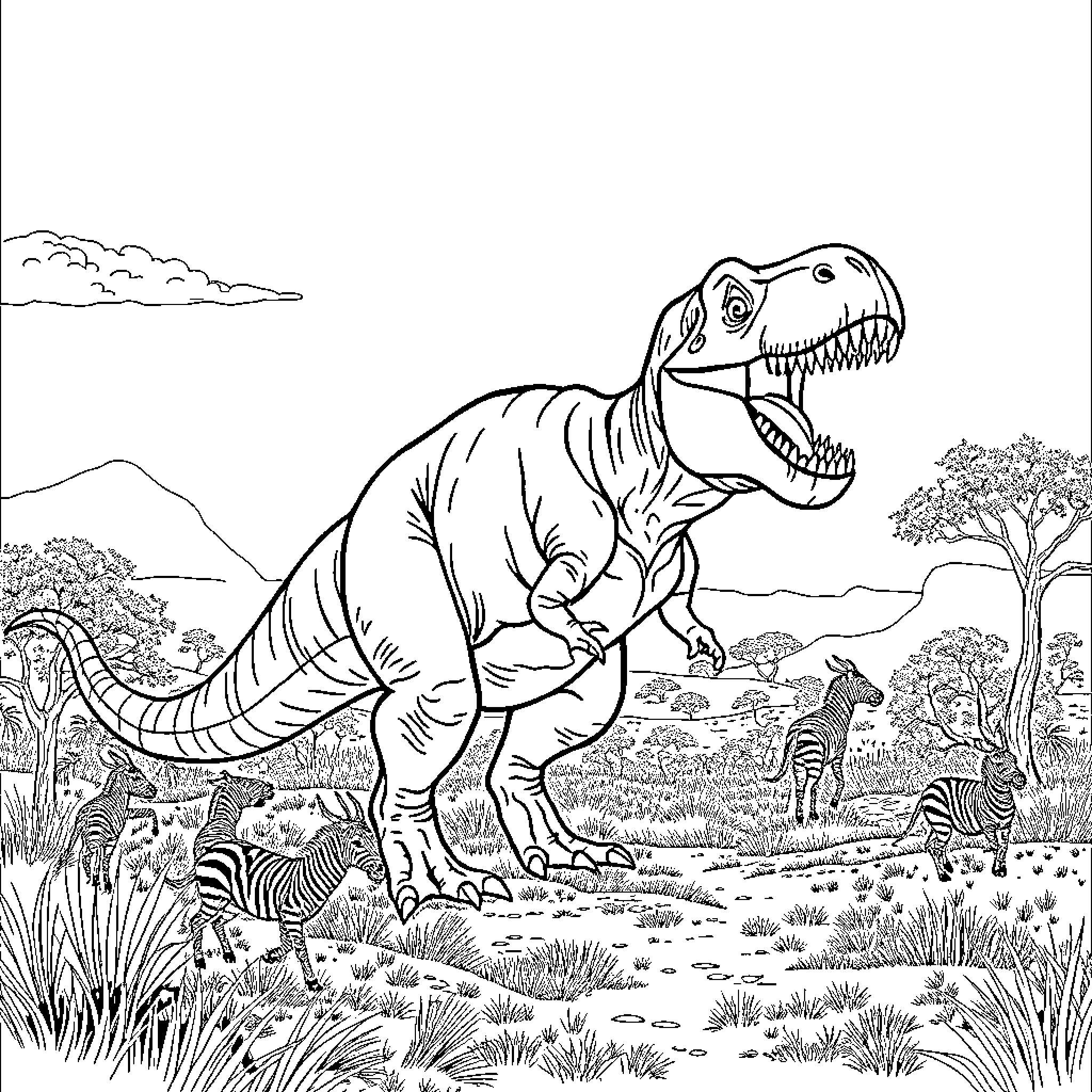 Tyrannosaurus Rex Roaring in Prehistoric Landscape Coloring Page (free black-and-white line drawing printable PDF for all, from beginners to advanced learners, including children, teens, adults, and seniors)