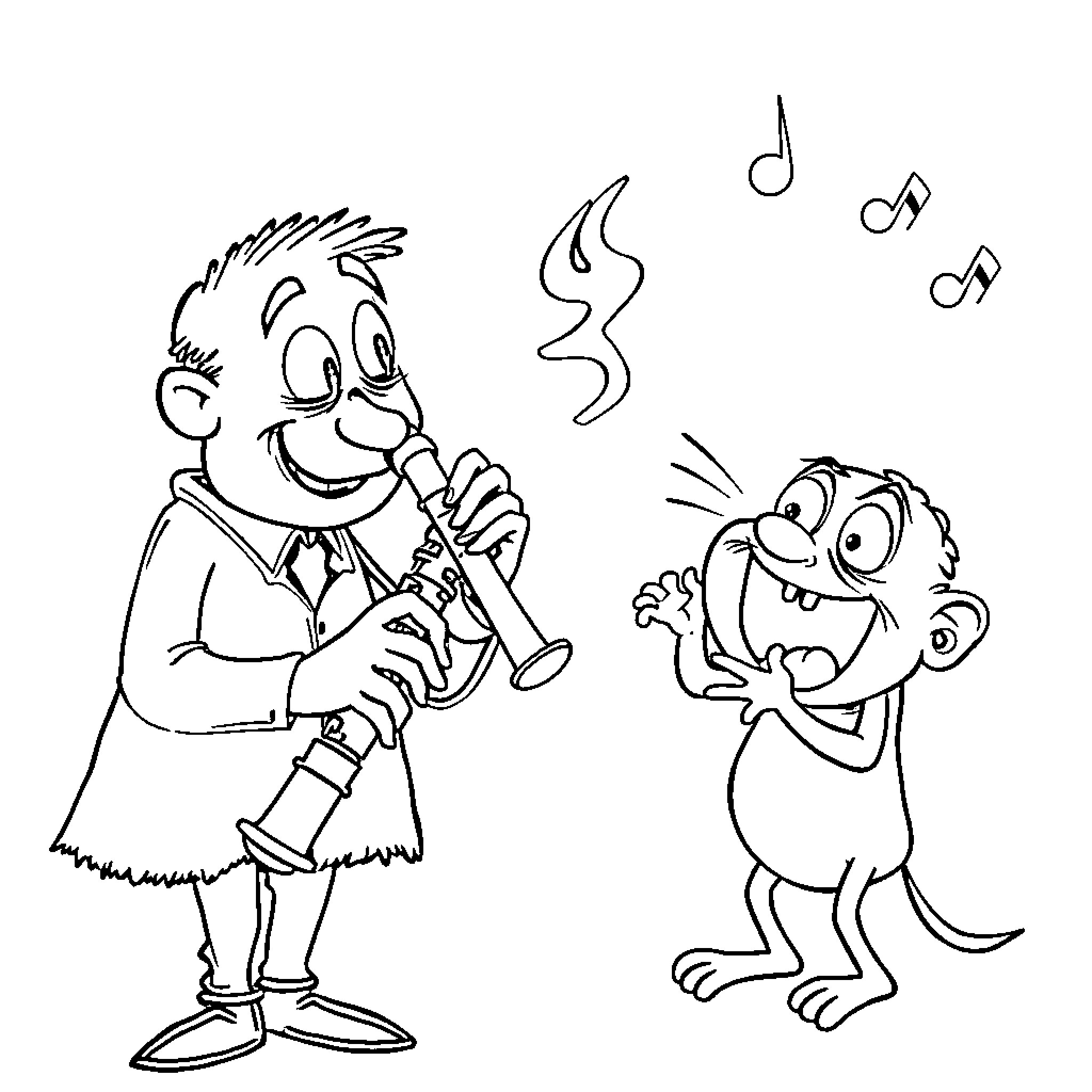 Oboe player entertains a curious onlooker Coloring Page (free black-and-white line drawing printable PDF for all, from beginners to advanced learners, including children, teens, adults, and seniors)