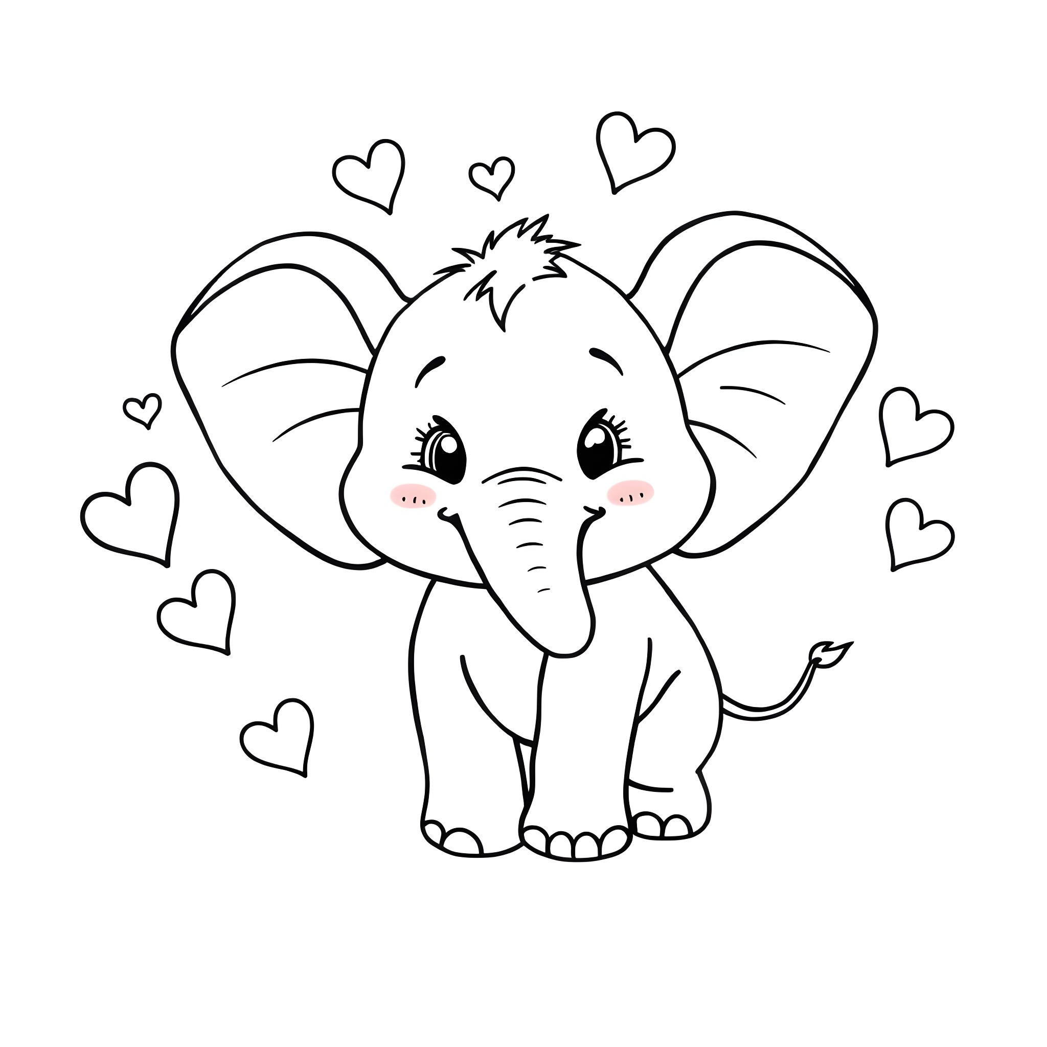 Elephant expressing love with hearts Coloring Page (free black-and-white line drawing printable PDF for all, from beginners to advanced learners, including children, teens, adults, and seniors)
