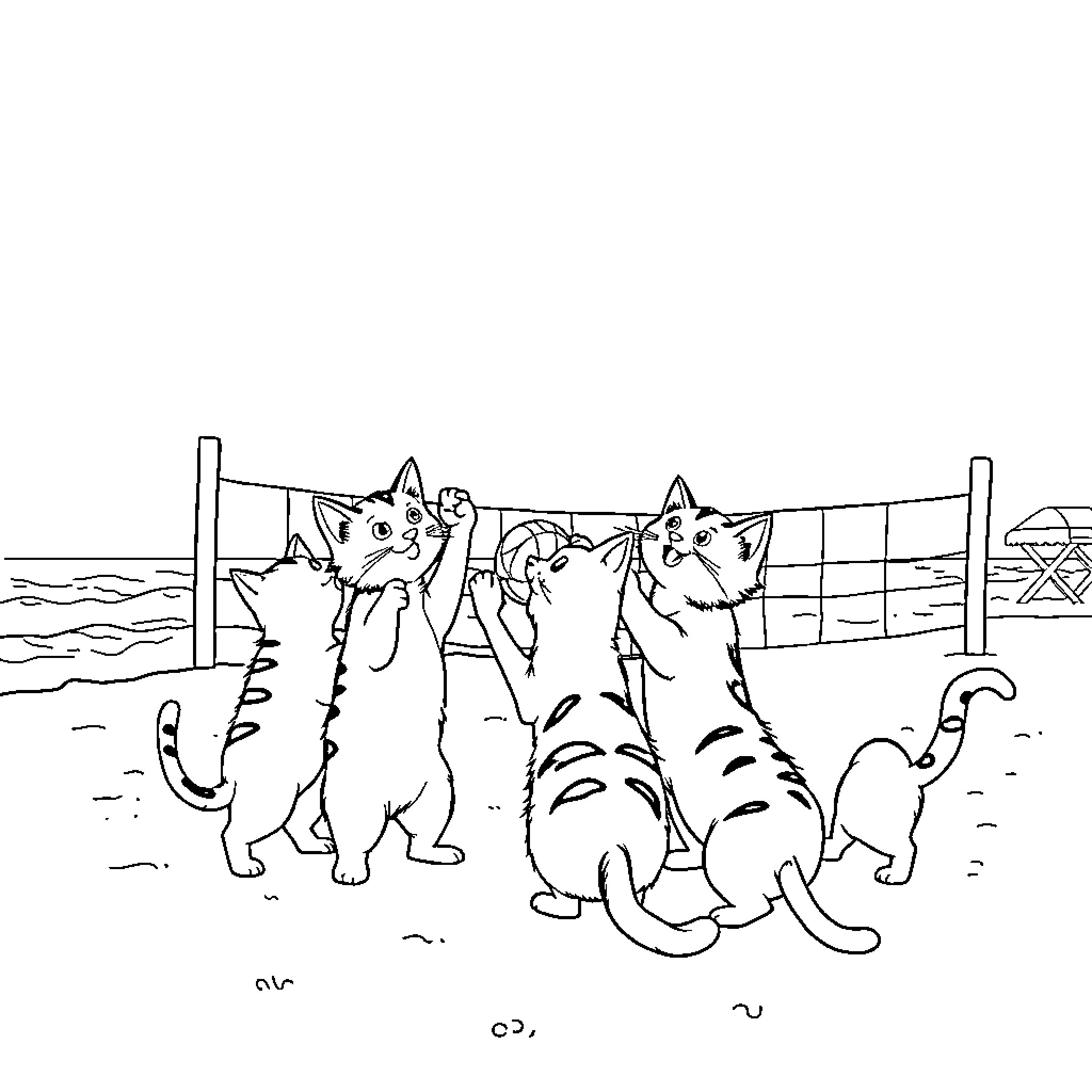 Cat playing on the beach with friends Coloring Page (free black-and-white line drawing printable PDF for all, from beginners to advanced learners, including children, teens, adults, and seniors)