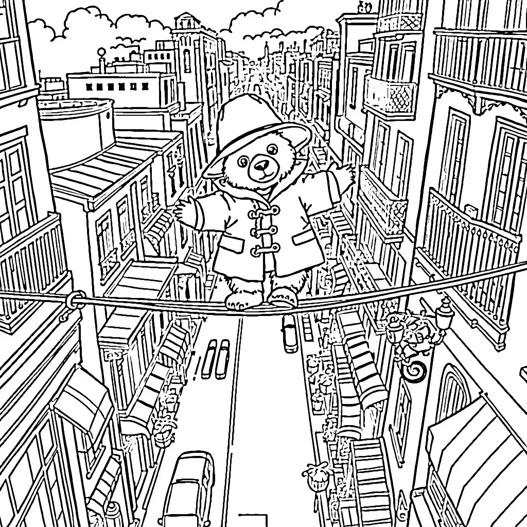 Paddington Bear's City Adventure Coloring Page (free black-and-white line drawing printable PDF for all, from beginners to advanced learners, including children, teens, adults, and seniors)