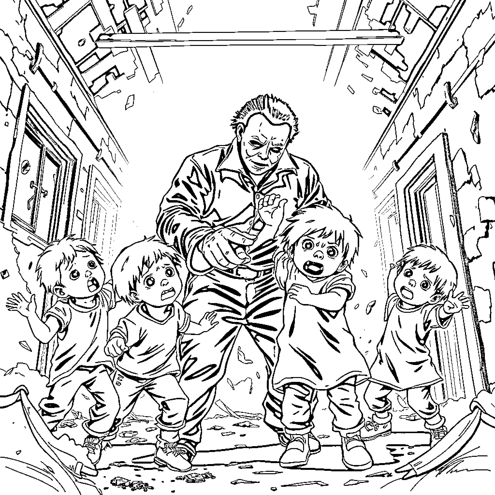 Michael Myers terrifying children in a dilapidated building Coloring Page (free black-and-white line drawing printable PDF for all, from beginners to advanced learners, including children, teens, adults, and seniors)