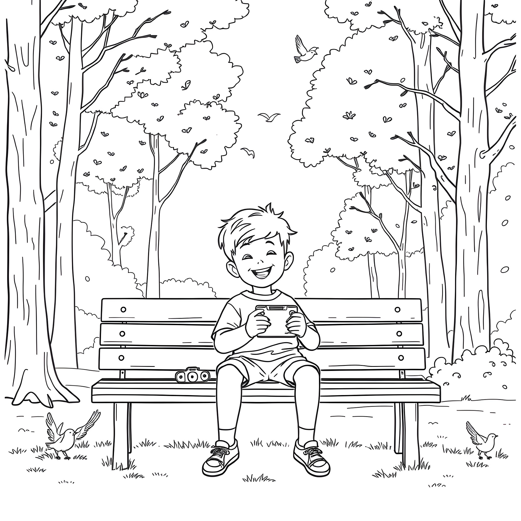 Boy enjoying peaceful moment in the park Coloring Page (free black-and-white line drawing printable PDF for all, from beginners to advanced learners, including children, teens, adults, and seniors)