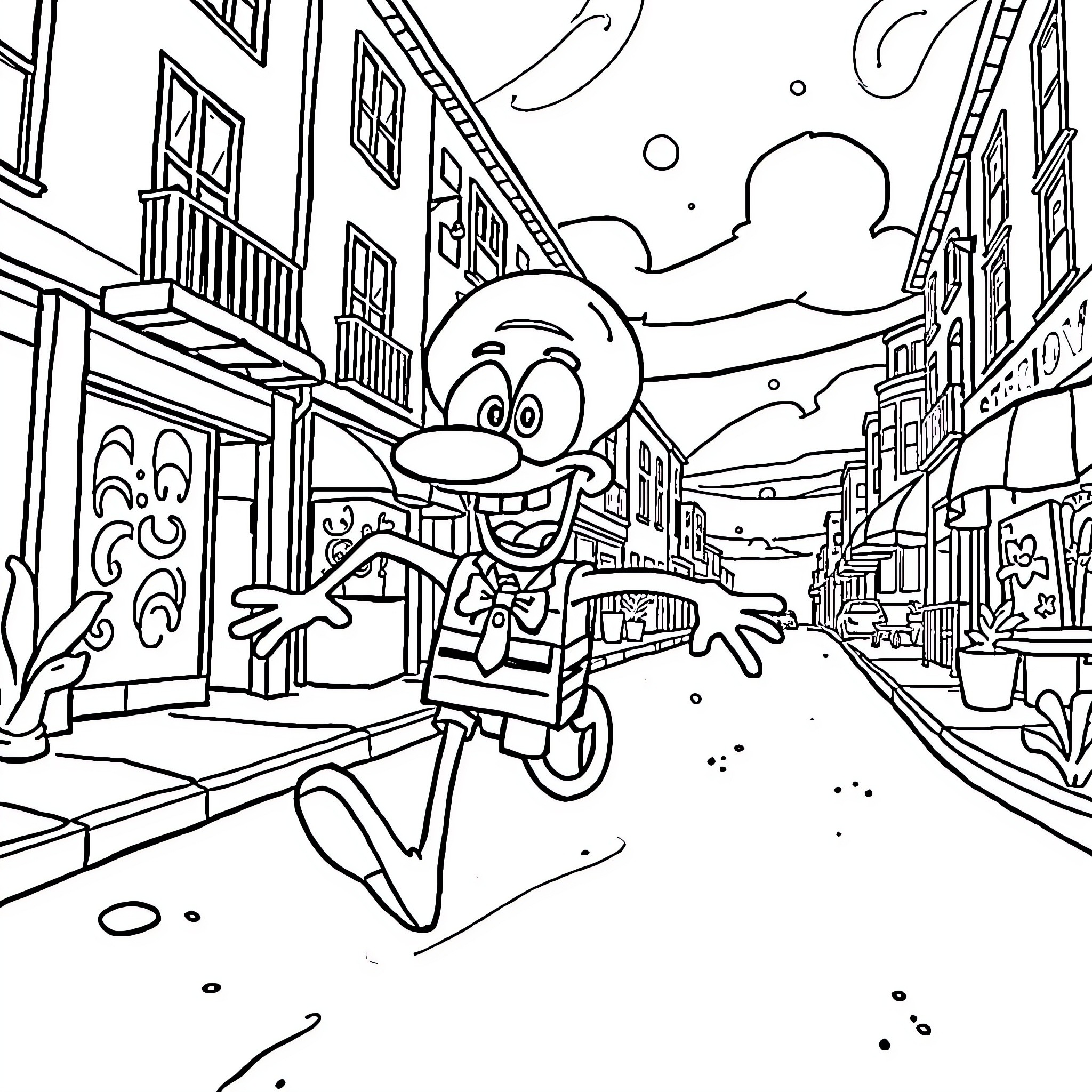 Squidward's Wacky Antics in Bikini Bottom Coloring Page (free black-and-white line drawing printable PDF for all, from beginners to advanced learners, including children, teens, adults, and seniors)