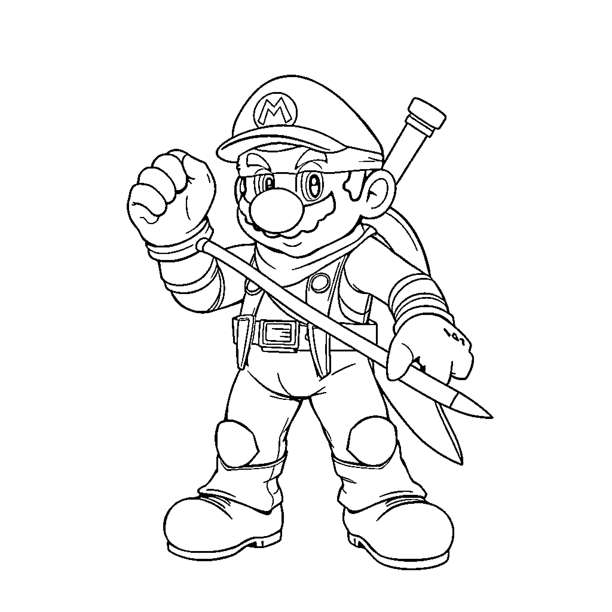Super Mario Ready for Adventure Coloring Page (free black-and-white line drawing printable PDF for all, from beginners to advanced learners, including children, teens, adults, and seniors)