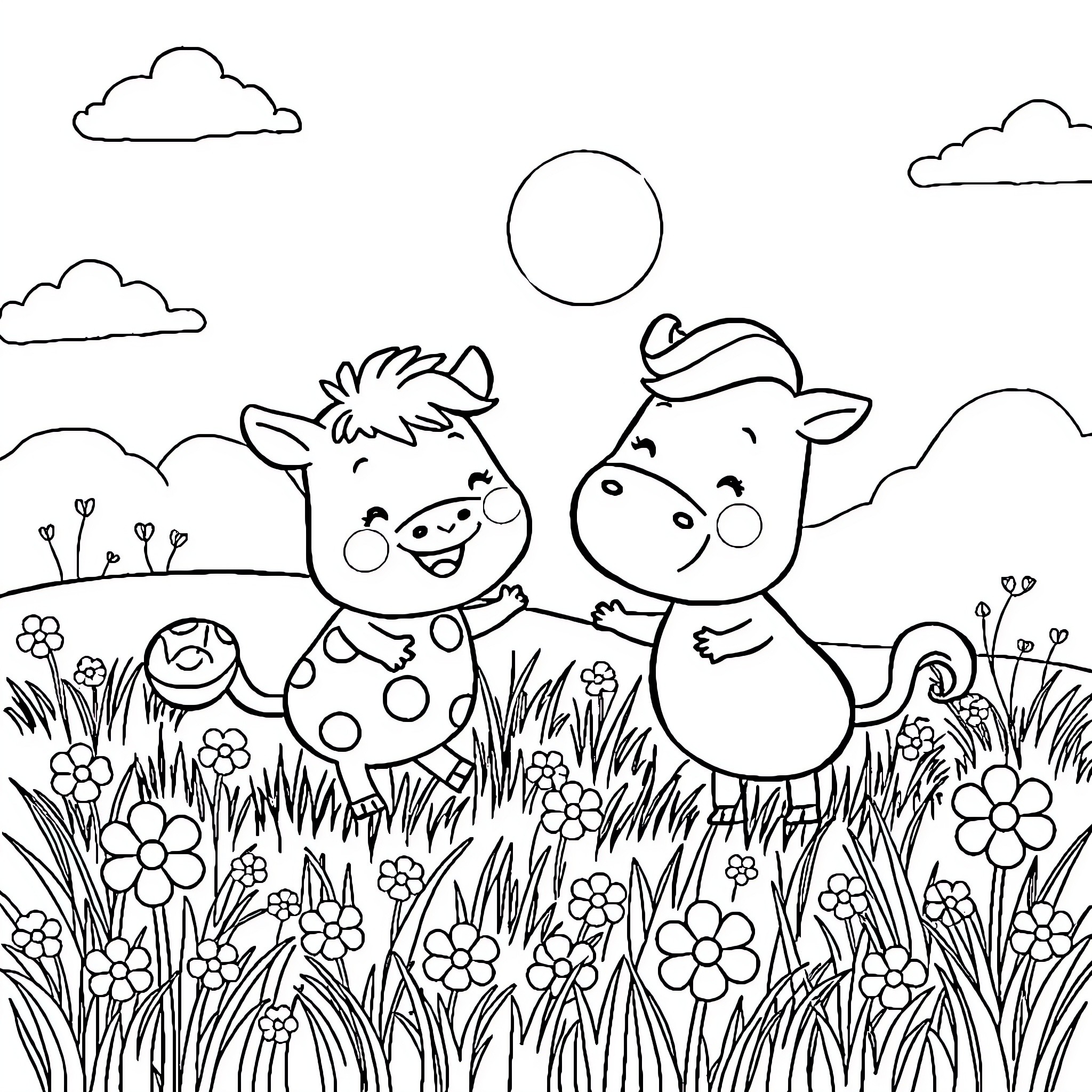 Smeds and Smoos playing joyfully in a meadow Coloring Page (free black-and-white line drawing printable PDF for all, from beginners to advanced learners, including children, teens, adults, and seniors)