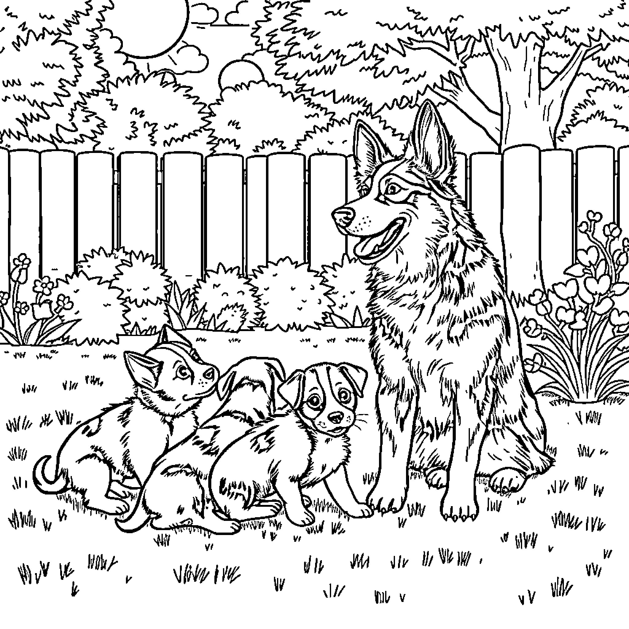 Heeler family playing in the backyard Coloring Page (free black-and-white line drawing printable PDF for all, from beginners to advanced learners, including children, teens, adults, and seniors)