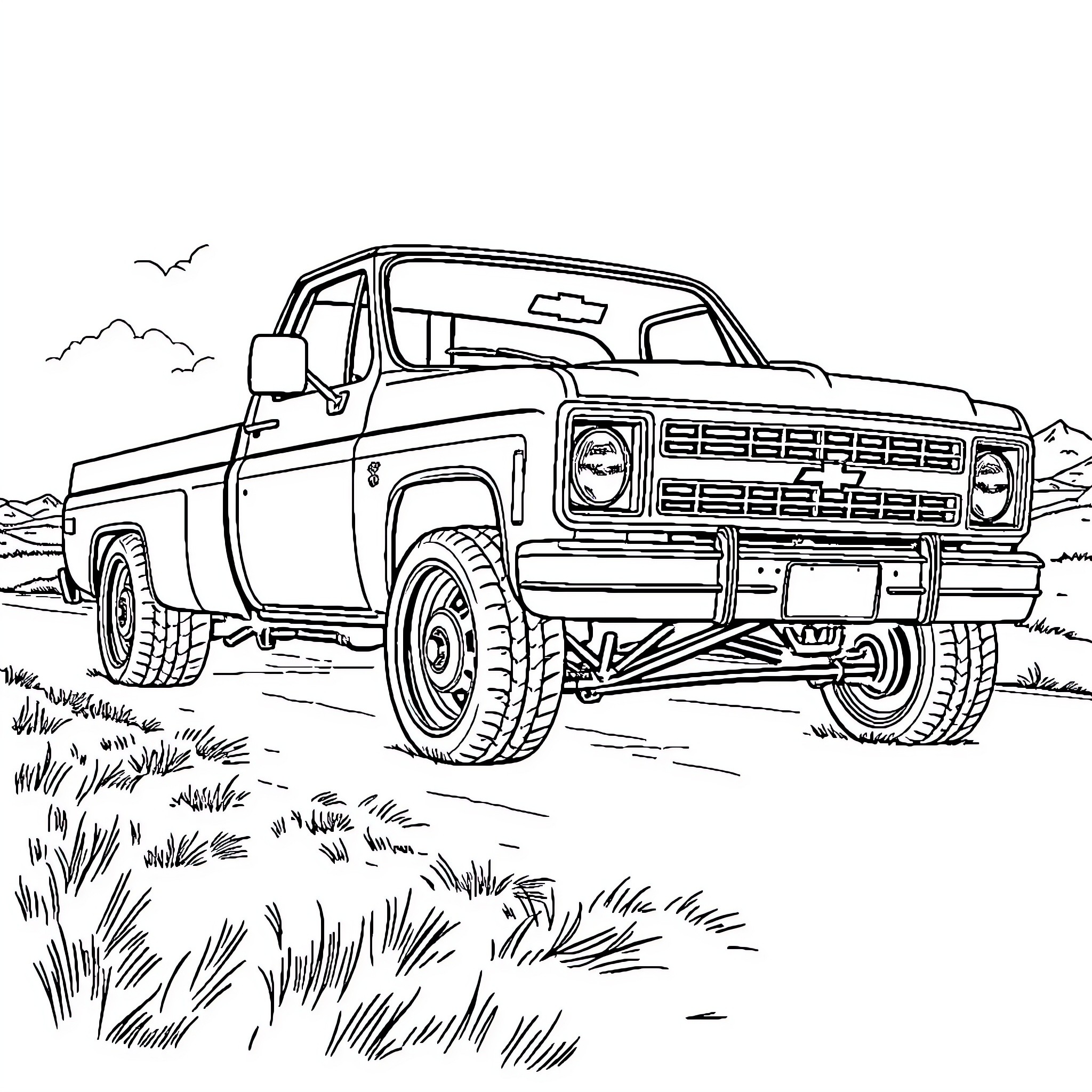 Chevy Truck in Rugged Outdoor Scene Coloring Page (free black-and-white line drawing printable PDF for all, from beginners to advanced learners, including children, teens, adults, and seniors)
