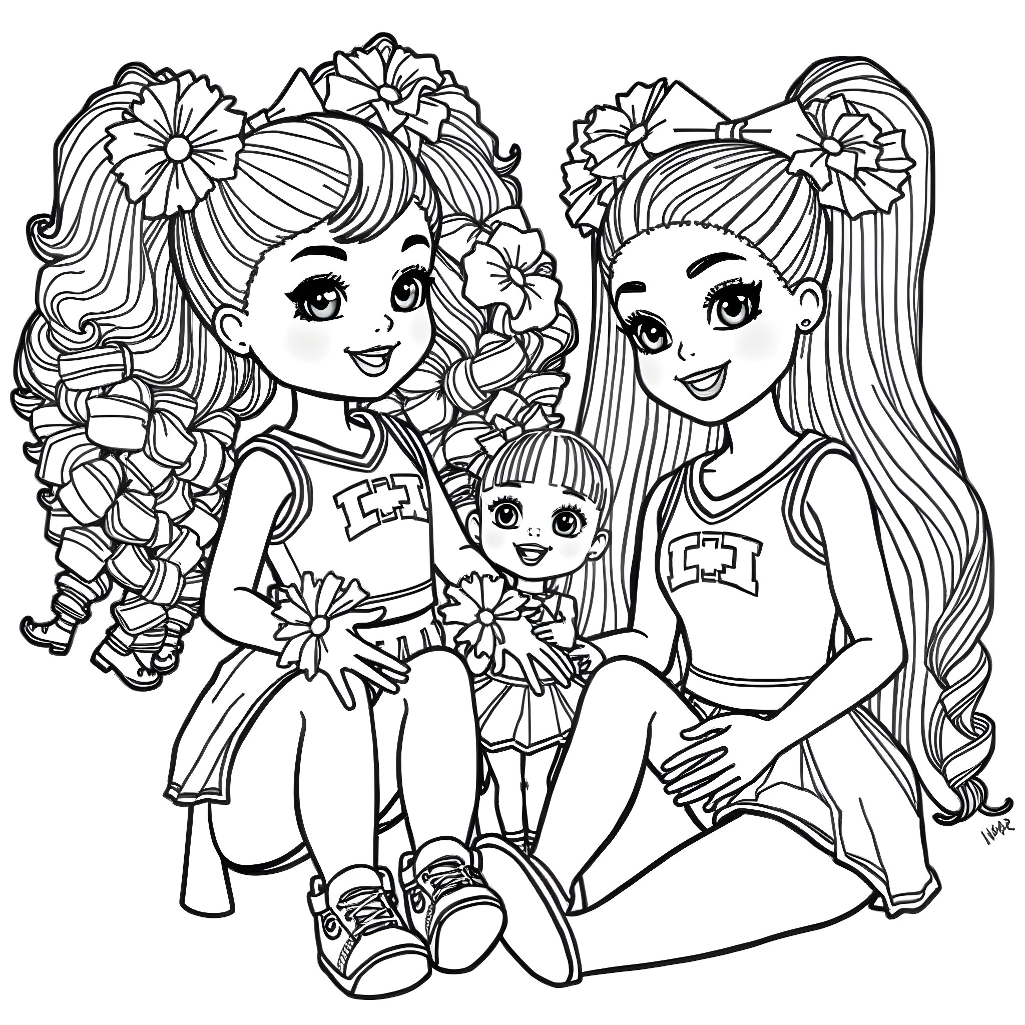Doll sisters playing with their baby doll friend Coloring Page (free black-and-white line drawing printable PDF for all, from beginners to advanced learners, including children, teens, adults, and seniors)