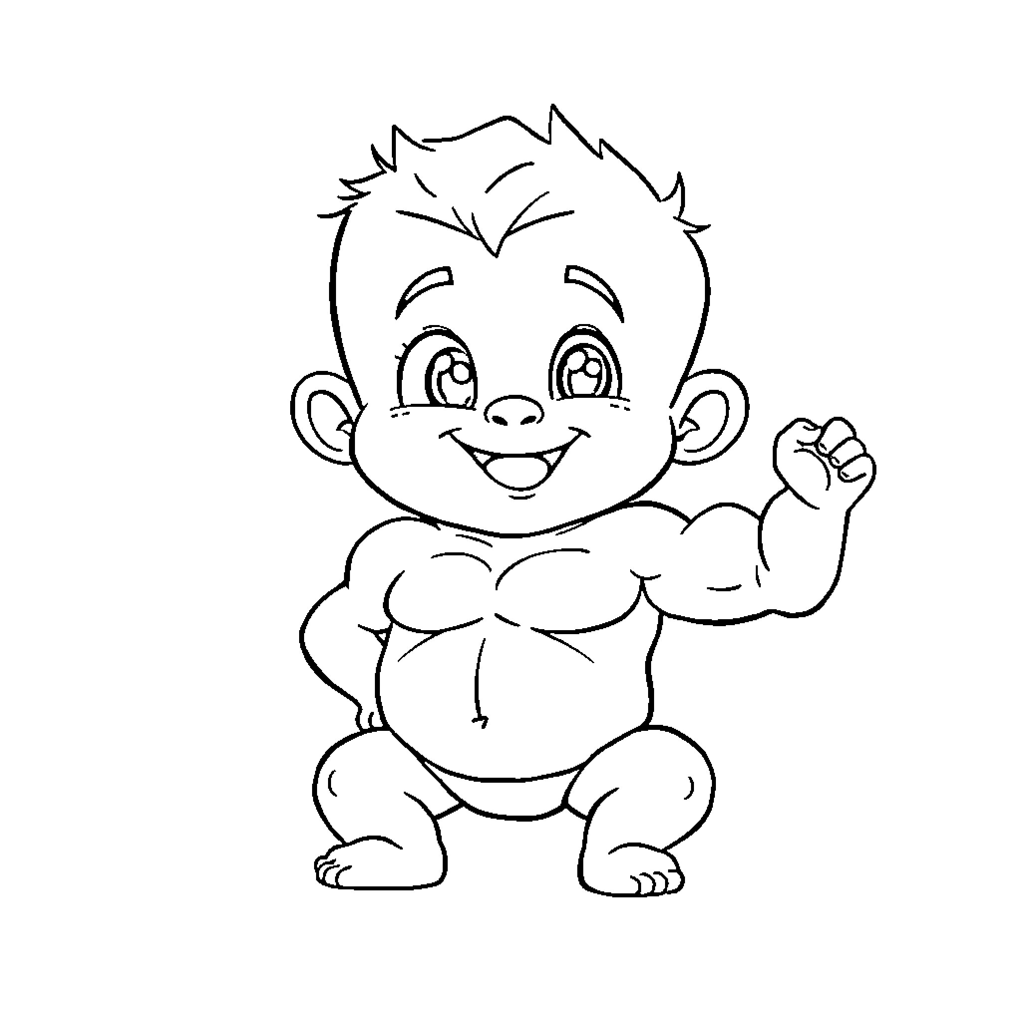 Hulk Baby Flexing Muscles with Excitement Coloring Page (free black-and-white line drawing printable PDF for all, from beginners to advanced learners, including children, teens, adults, and seniors)
