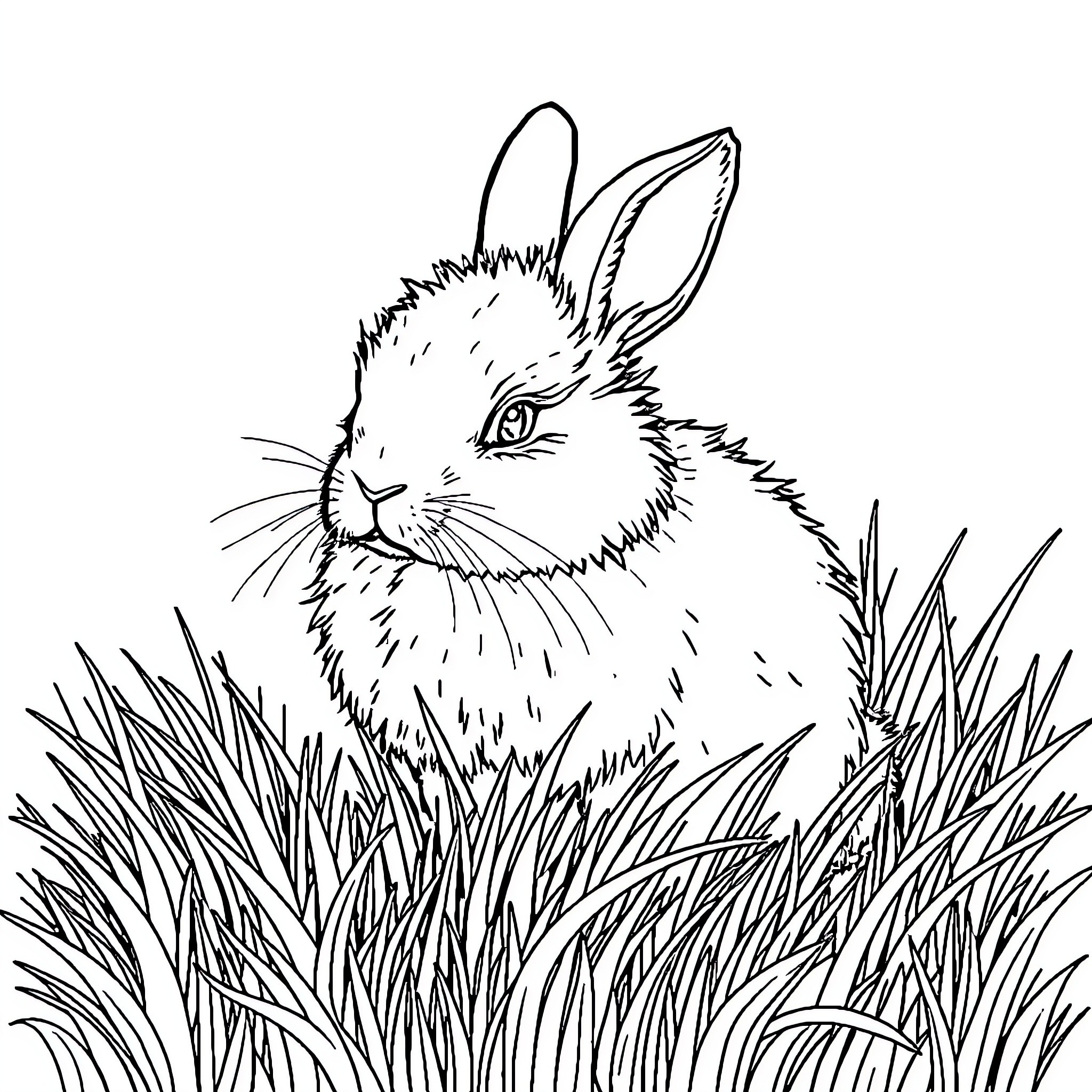 Rabbit Sitting Amidst Tall Grass Coloring Page (free black-and-white line drawing printable PDF for all, from beginners to advanced learners, including children, teens, adults, and seniors)