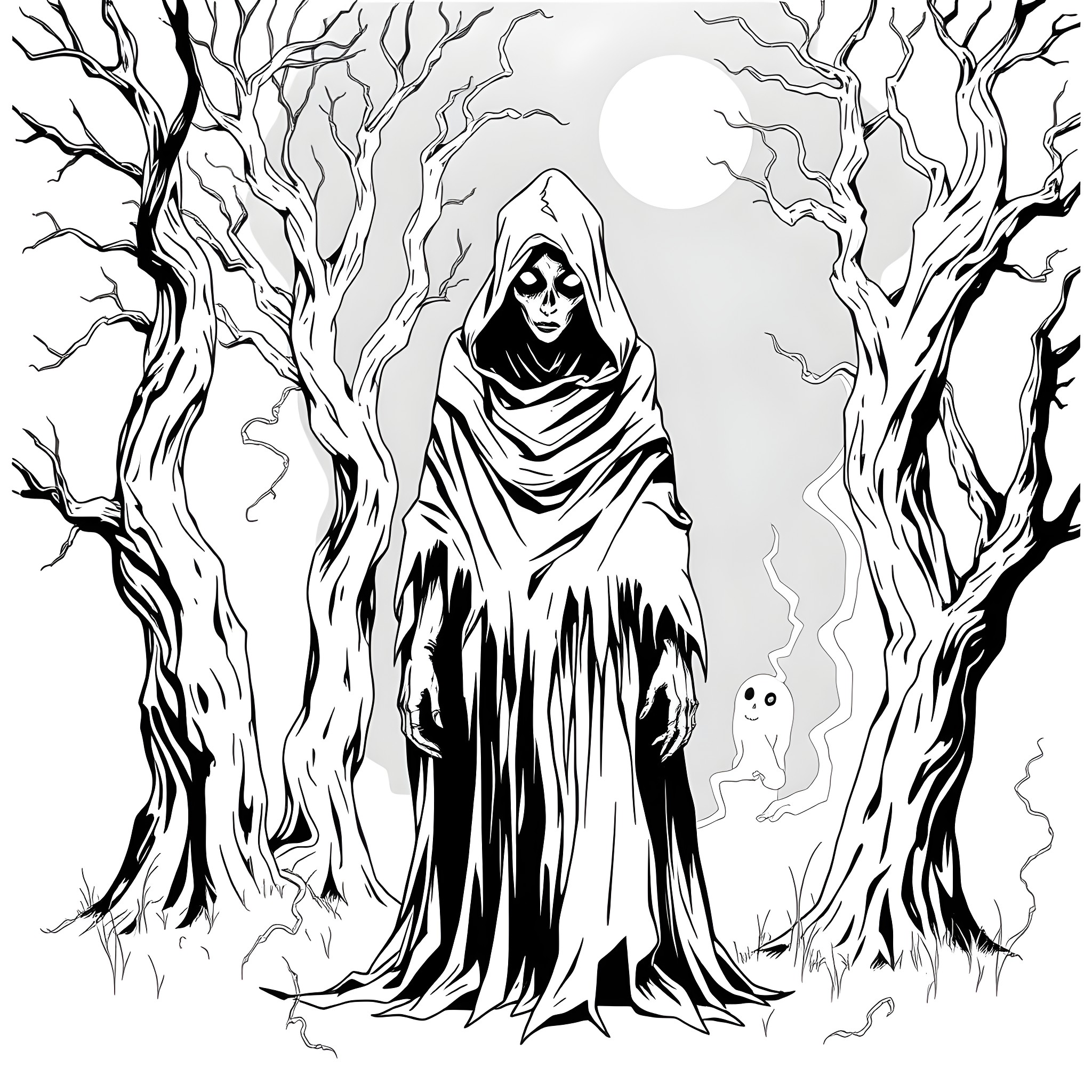 Human in hooded cloak walking through haunting forest Coloring Page (free black-and-white line drawing printable PDF for all, from beginners to advanced learners, including children, teens, adults, and seniors)
