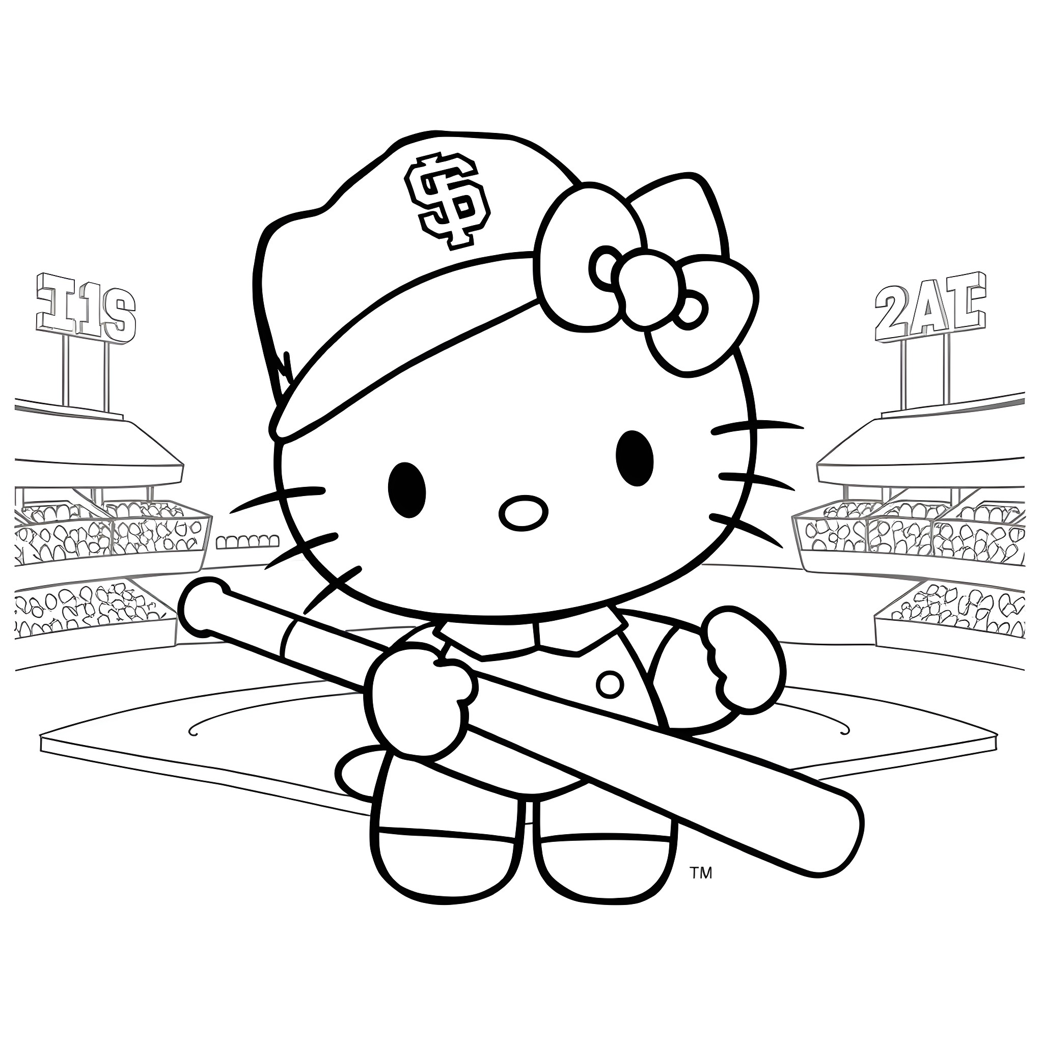 Hello Kitty playing baseball on the field Coloring Page (free black-and-white line drawing printable PDF for all, from beginners to advanced learners, including children, teens, adults, and seniors)