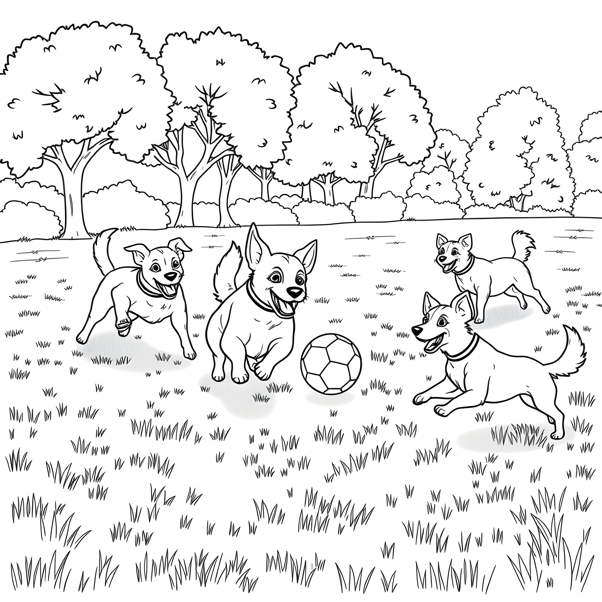 Dogs playing with a soccer ball in the park Coloring Page (free black-and-white line drawing printable PDF for all, from beginners to advanced learners, including children, teens, adults, and seniors)