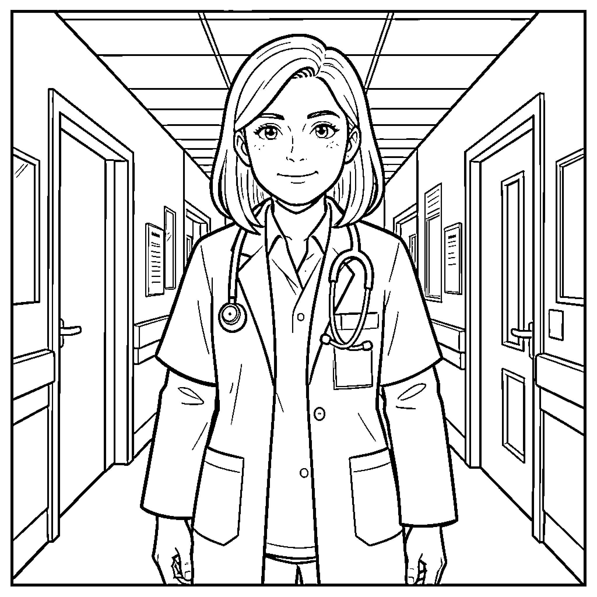 Shaun Murphy standing in a hospital hallway wearing a lab coat Coloring Page (free black-and-white line drawing printable PDF for all, from beginners to advanced learners, including children, teens, adults, and seniors)