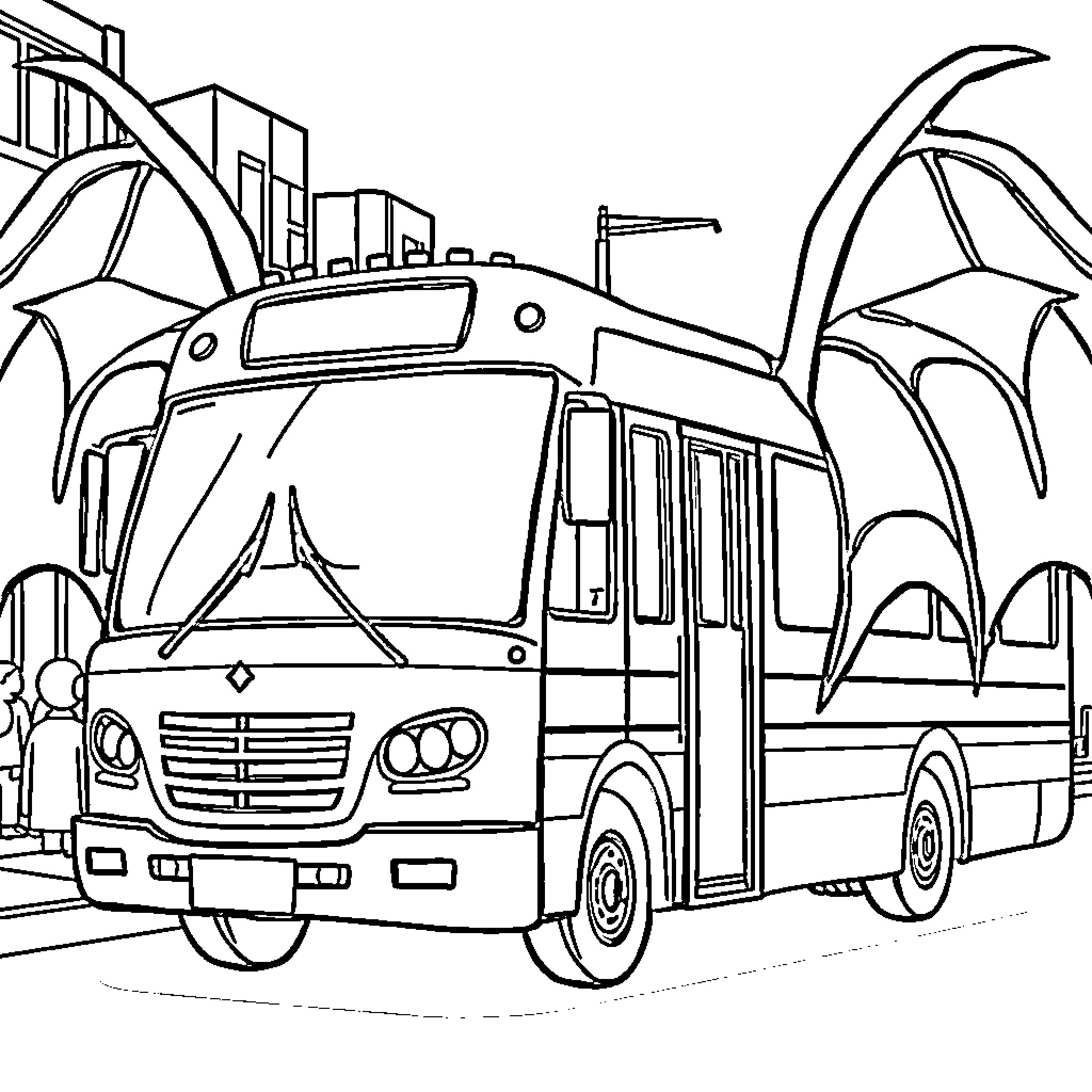 Bus transporting passengers in a futuristic city Coloring Page (free black-and-white line drawing printable PDF for all, from beginners to advanced learners, including children, teens, adults, and seniors)