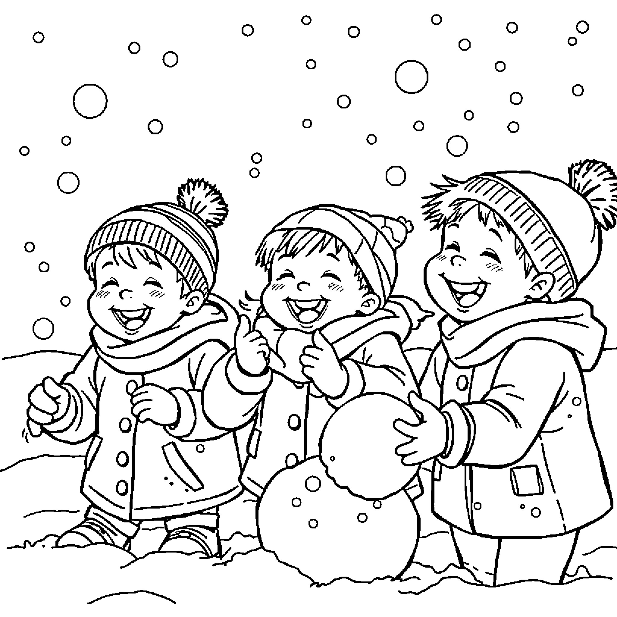 Children playing in the snow Coloring Page (free black-and-white line drawing printable PDF for all, from beginners to advanced learners, including children, teens, adults, and seniors)