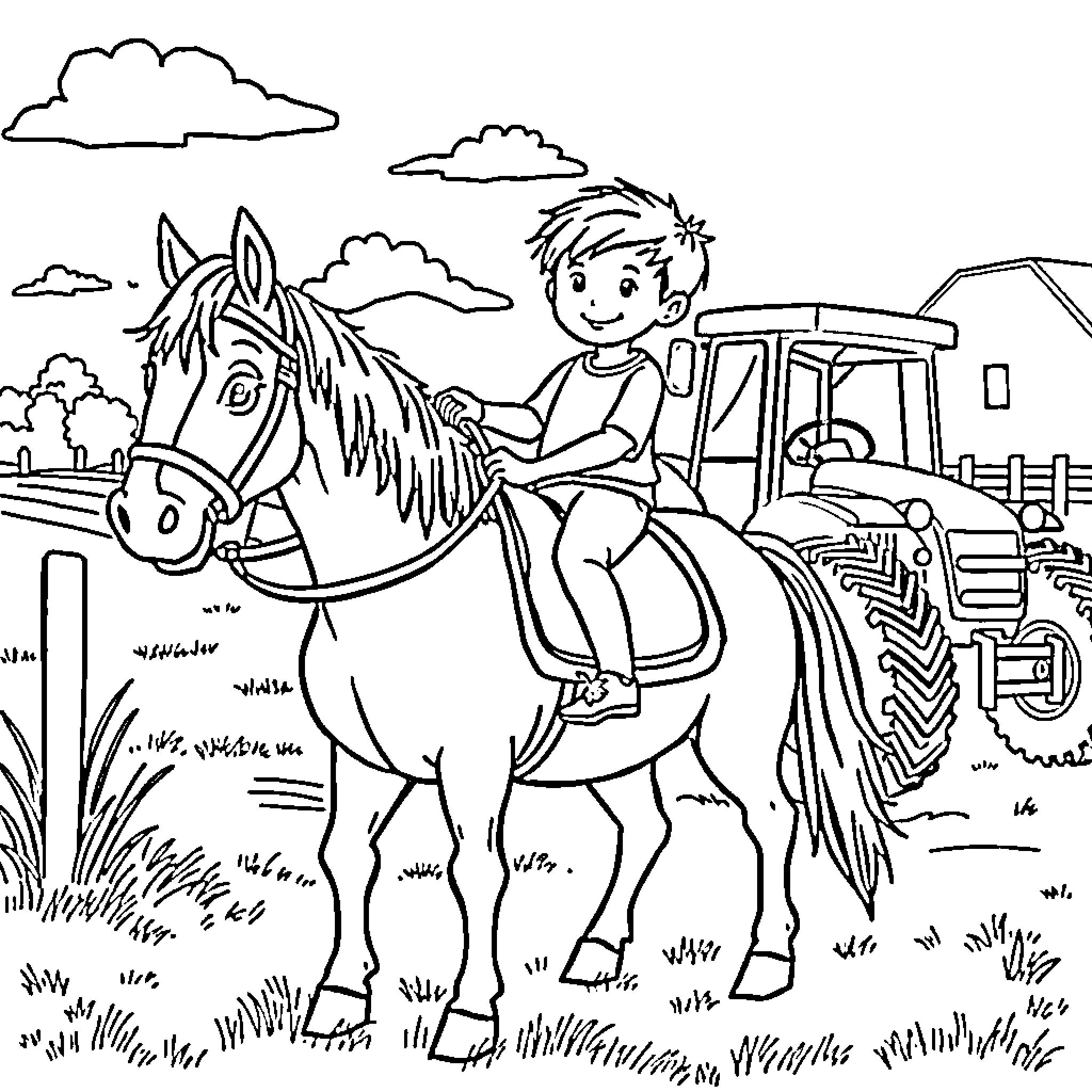 Boy riding a horse on a farm Coloring Page (free black-and-white line drawing printable PDF for all, from beginners to advanced learners, including children, teens, adults, and seniors)