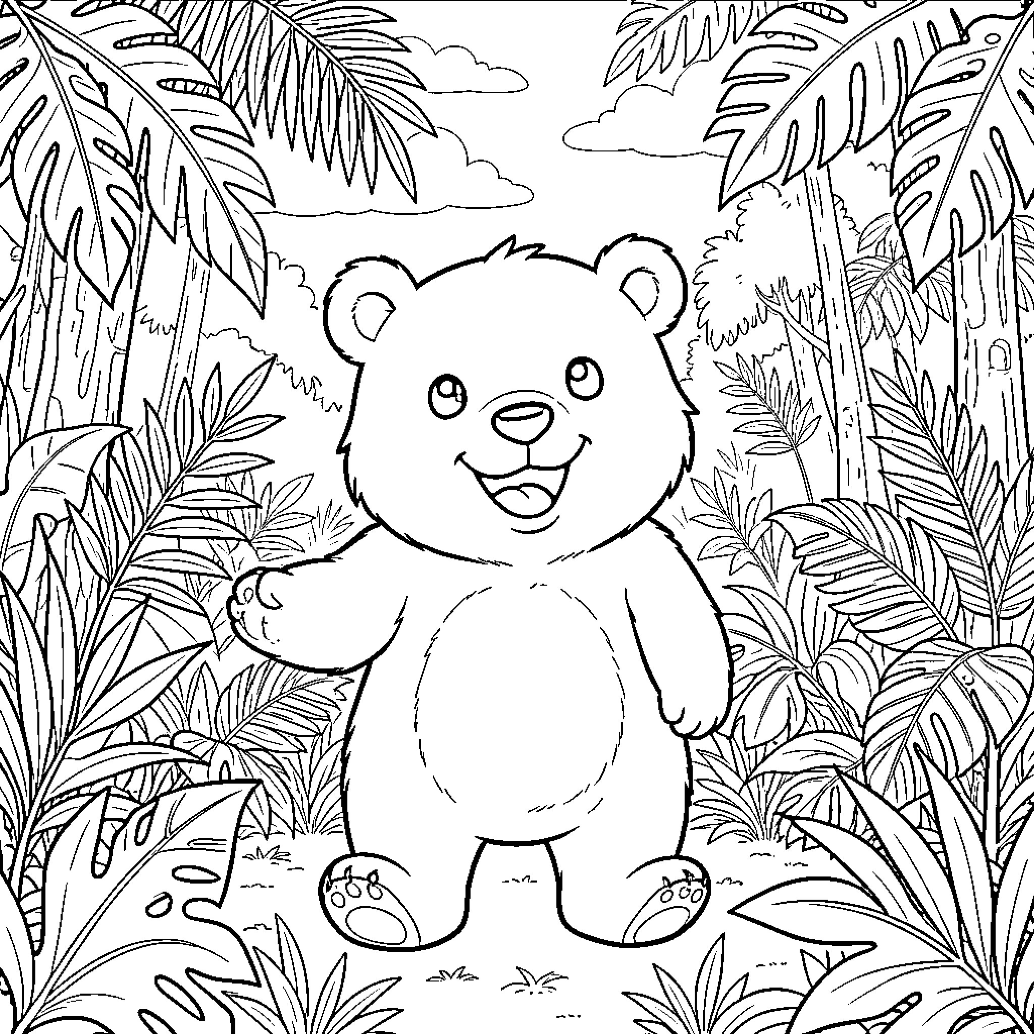 Balu smiling happily amidst lush jungle leaves Coloring Page (free black-and-white line drawing printable PDF for all, from beginners to advanced learners, including children, teens, adults, and seniors)