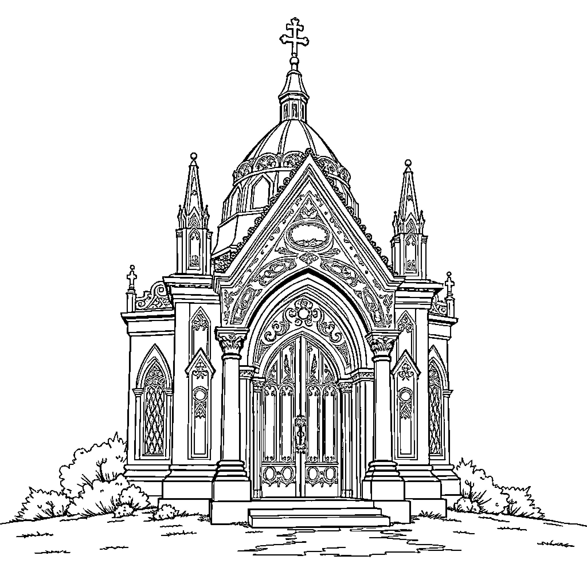 Maus illustration of an ornate Gothic cathedral Coloring Page (free black-and-white line drawing printable PDF for all, from beginners to advanced learners, including children, teens, adults, and seniors)