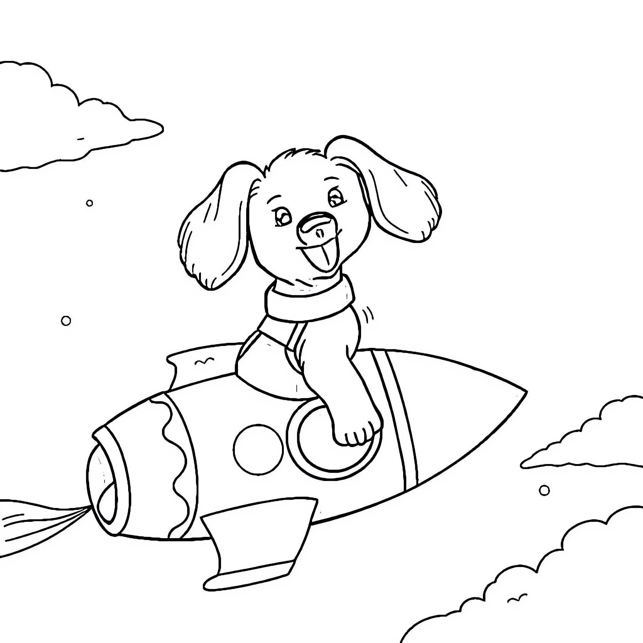 Dog riding a rocket through the sky Coloring Page (free black-and-white line drawing printable PDF for all, from beginners to advanced learners, including children, teens, adults, and seniors)