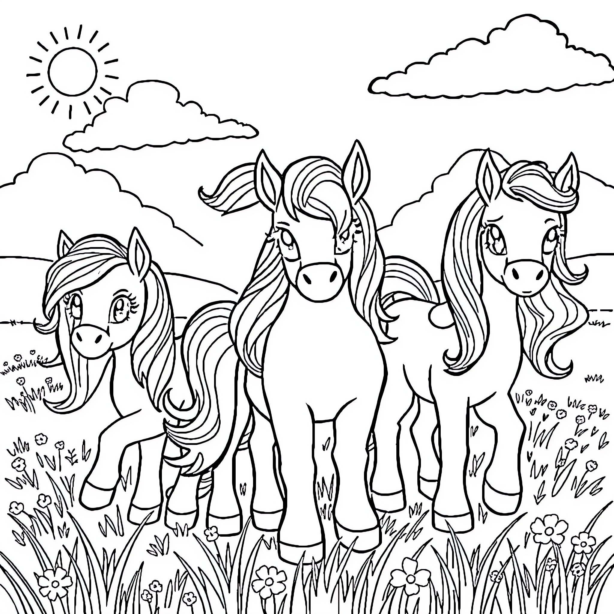 Pony friends enjoying a sunny day in the meadow Coloring Page (free black-and-white line drawing printable PDF for all, from beginners to advanced learners, including children, teens, adults, and seniors)