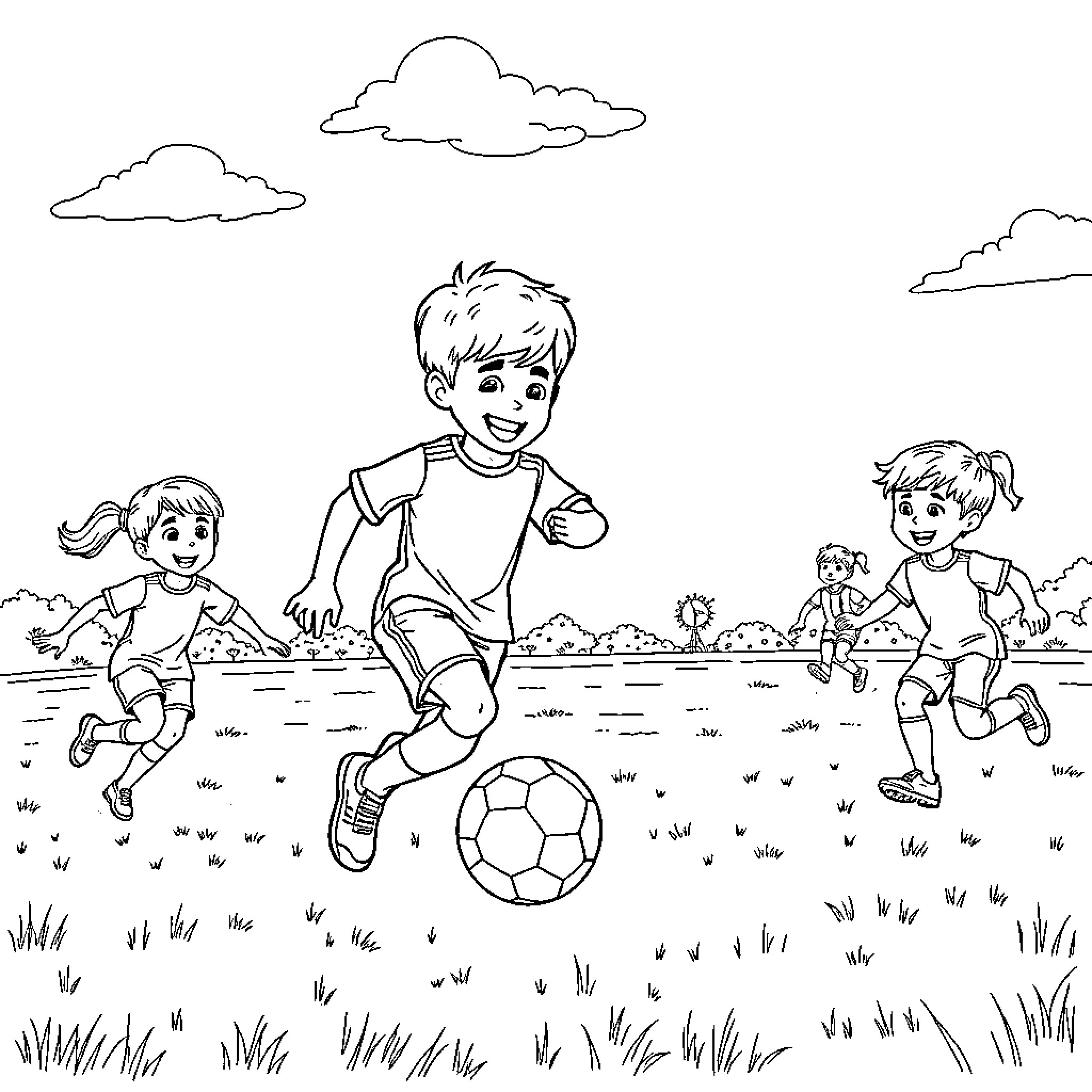 Child playing soccer with friends in the park Coloring Page (free black-and-white line drawing printable PDF for all, from beginners to advanced learners, including children, teens, adults, and seniors)