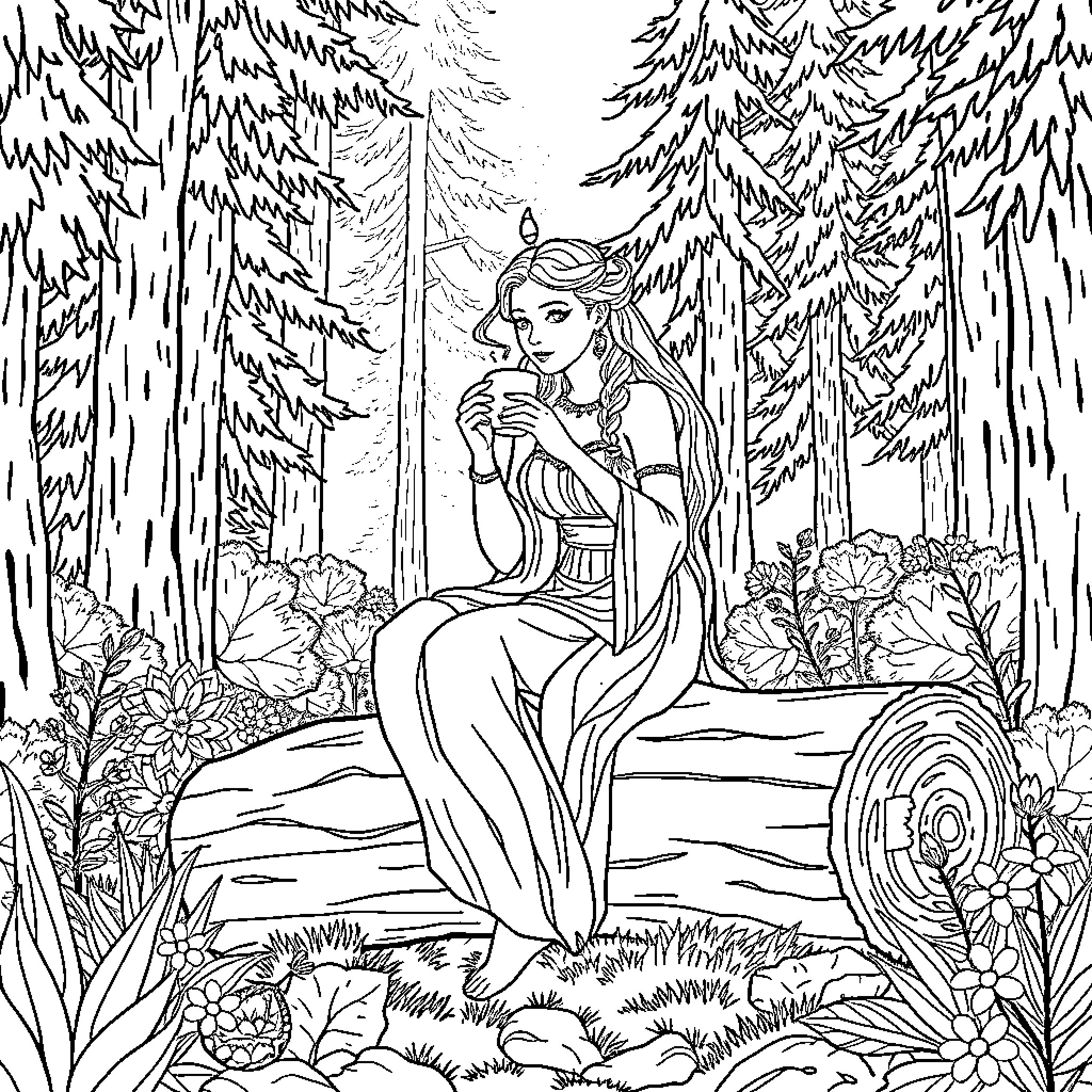 Goddess contemplating in the enchanted forest Coloring Page (free black-and-white line drawing printable PDF for all, from beginners to advanced learners, including children, teens, adults, and seniors)