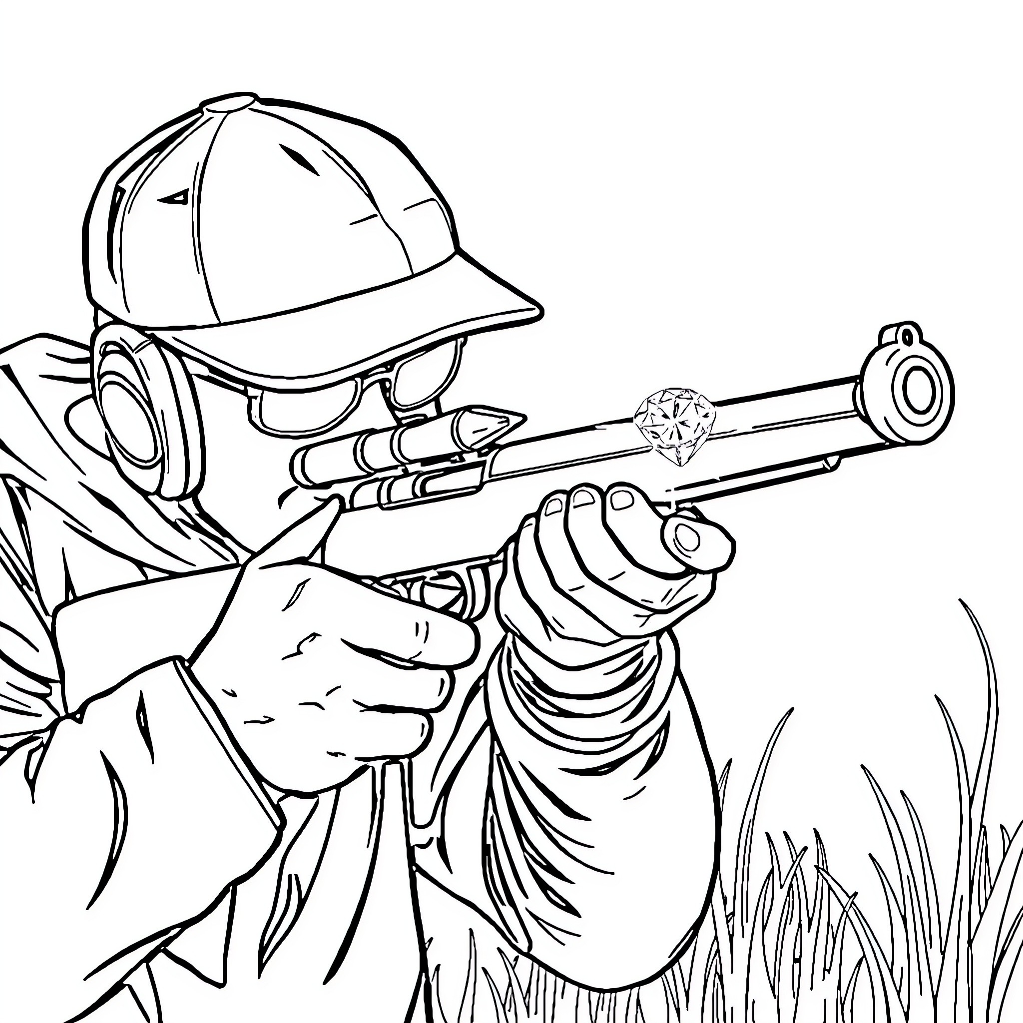 Hunter aiming rifle in a grassy field Coloring Page (free black-and-white line drawing printable PDF for all, from beginners to advanced learners, including children, teens, adults, and seniors)