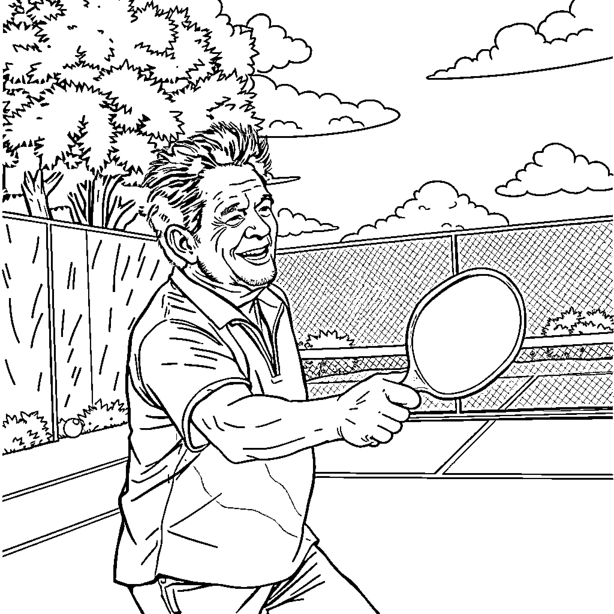 Bono playing tennis in a park Coloring Page (free black-and-white line drawing printable PDF for all, from beginners to advanced learners, including children, teens, adults, and seniors)