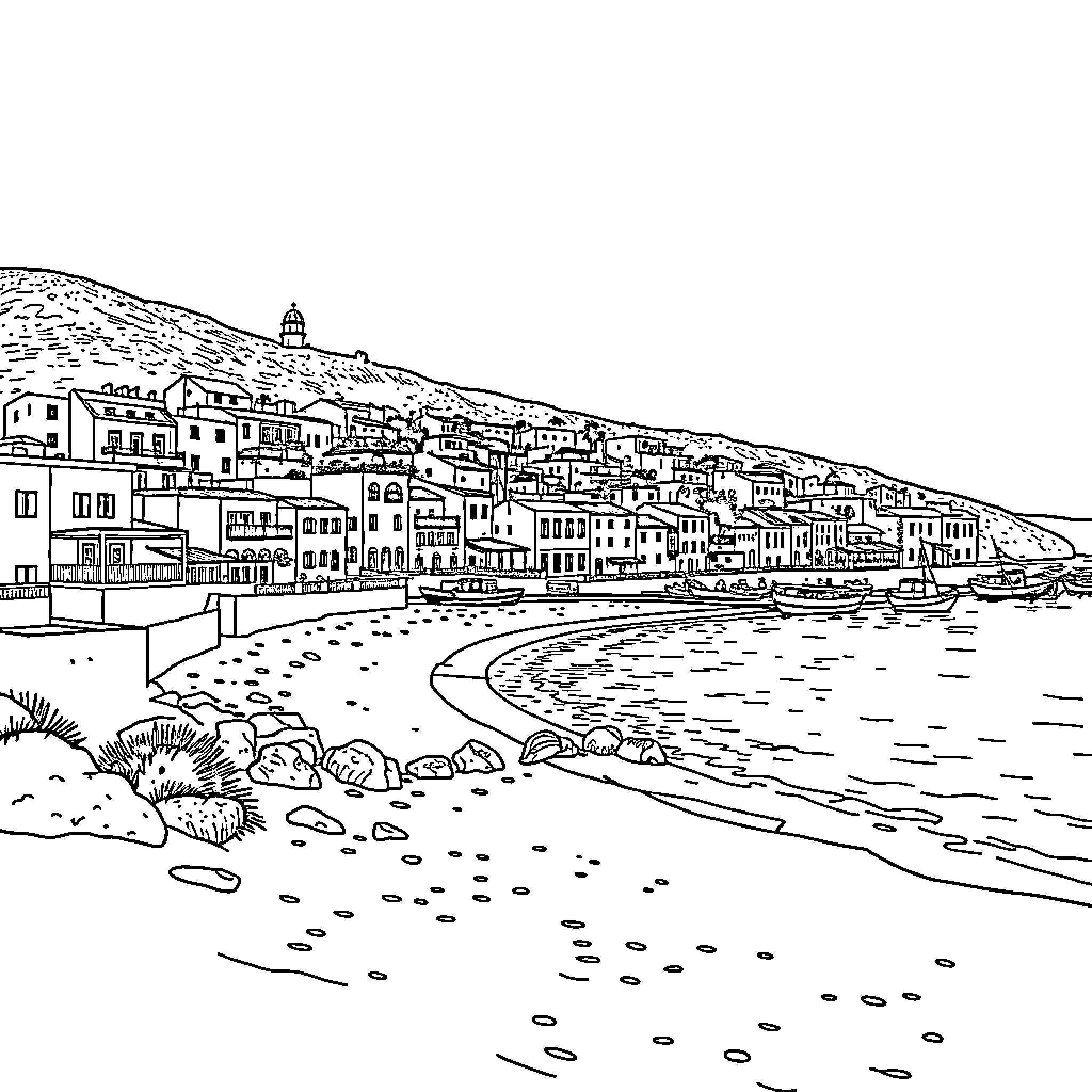 Vinaros: Seaside town with quaint buildings and a tranquil beach Coloring Page (free black-and-white line drawing printable PDF for all, from beginners to advanced learners, including children, teens, adults, and seniors)